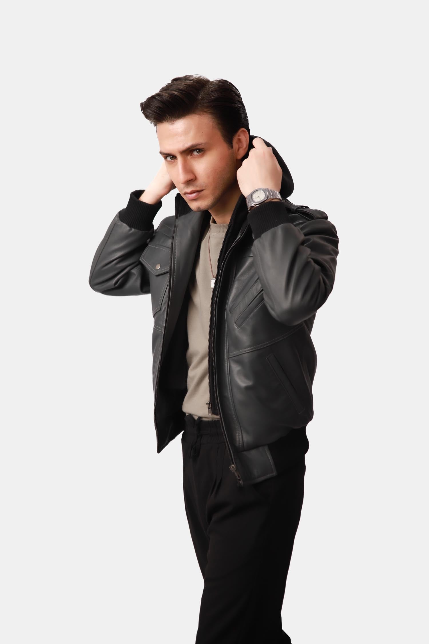 Alpha Black Bomber Leather Jacket with Removable Hood For Men