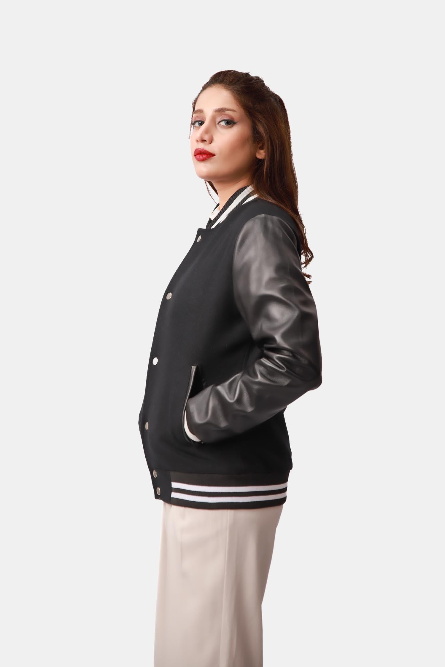 Aria Black Wool Leather Varsity Jacket For Women
