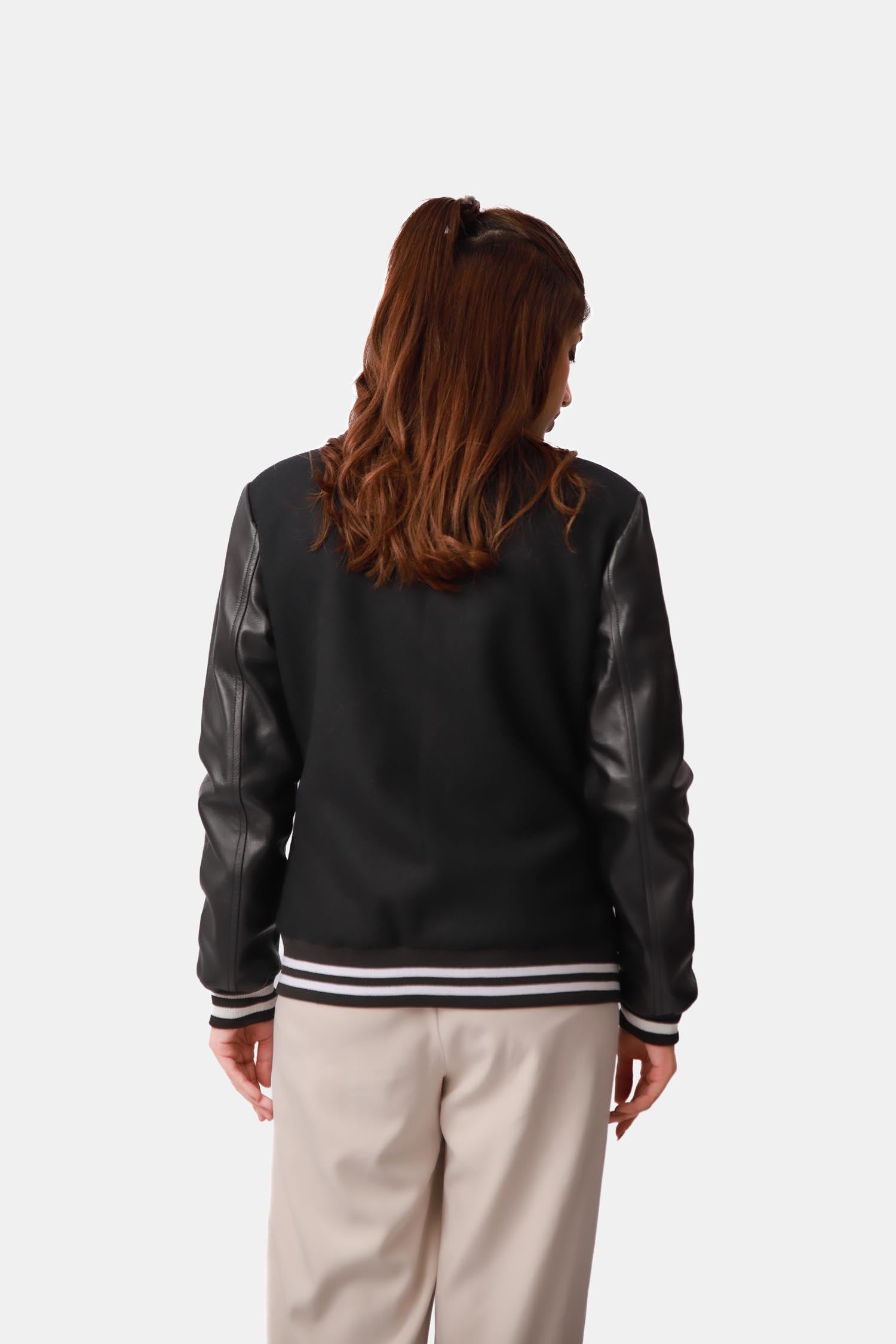 Aria Black Wool Leather Varsity Jacket For Women