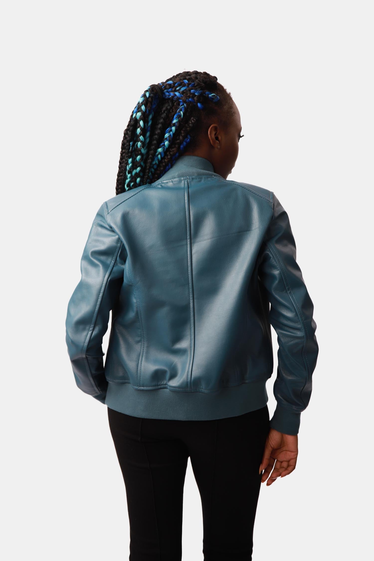 Ariel Steel Blue Leather Bomber Jacket For Women