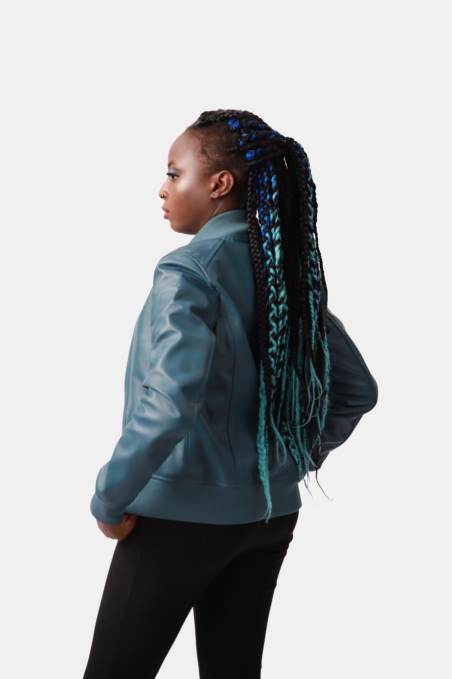 Ariel Steel Blue Leather Bomber Jacket For Women