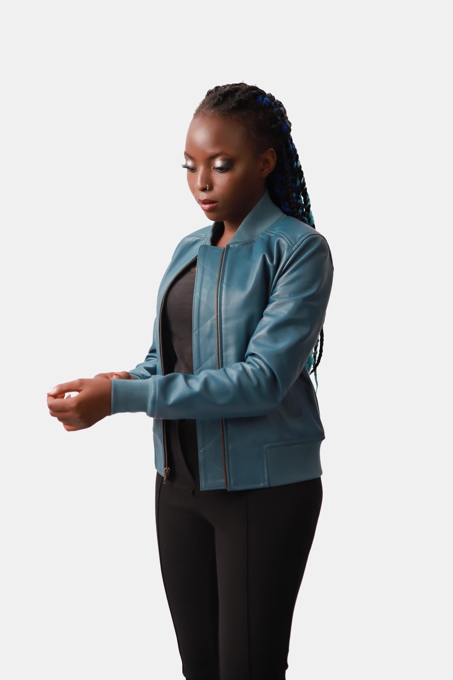 Ariel Steel Blue Leather Bomber Jacket For Women