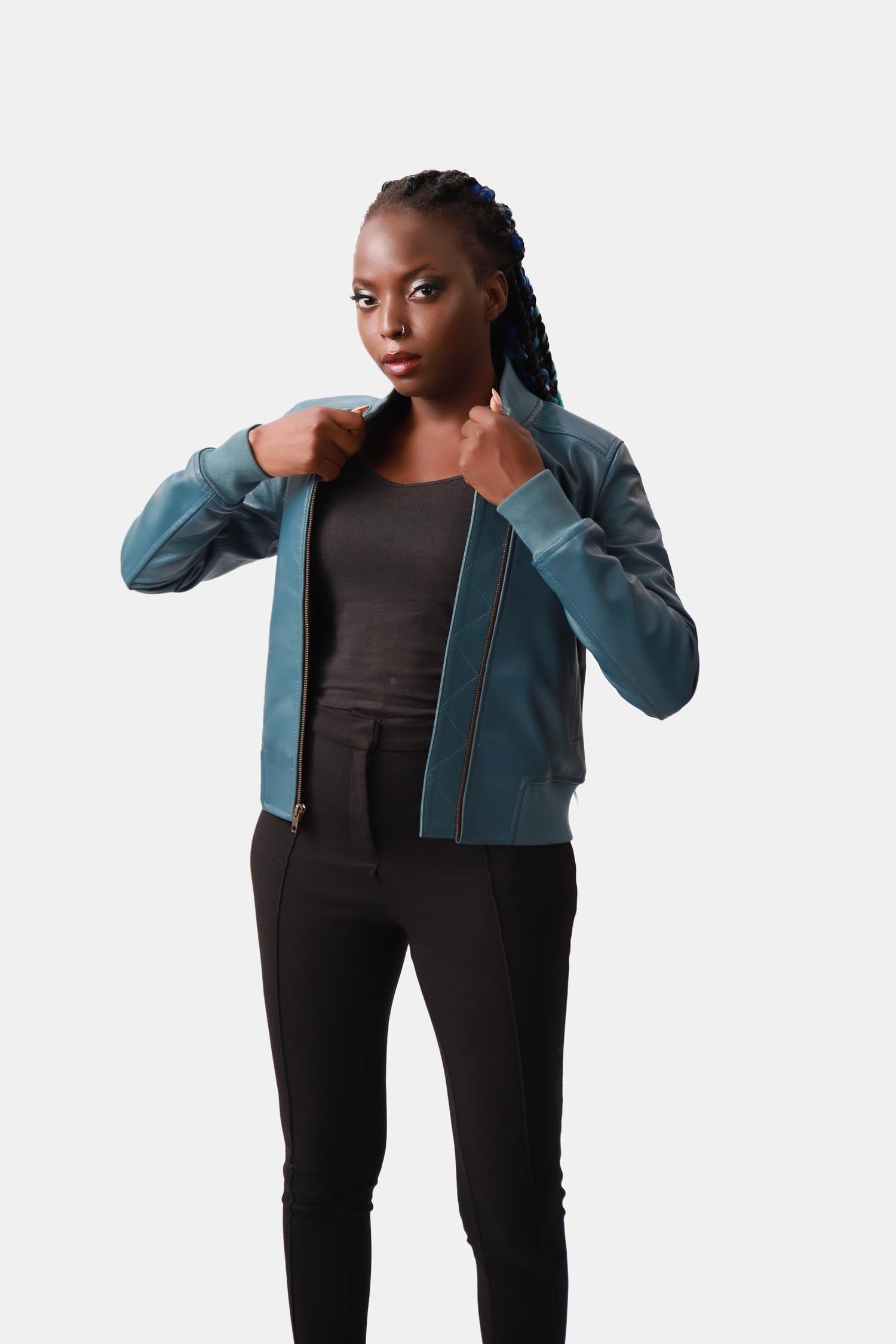 Ariel Steel Blue Leather Bomber Jacket For Women