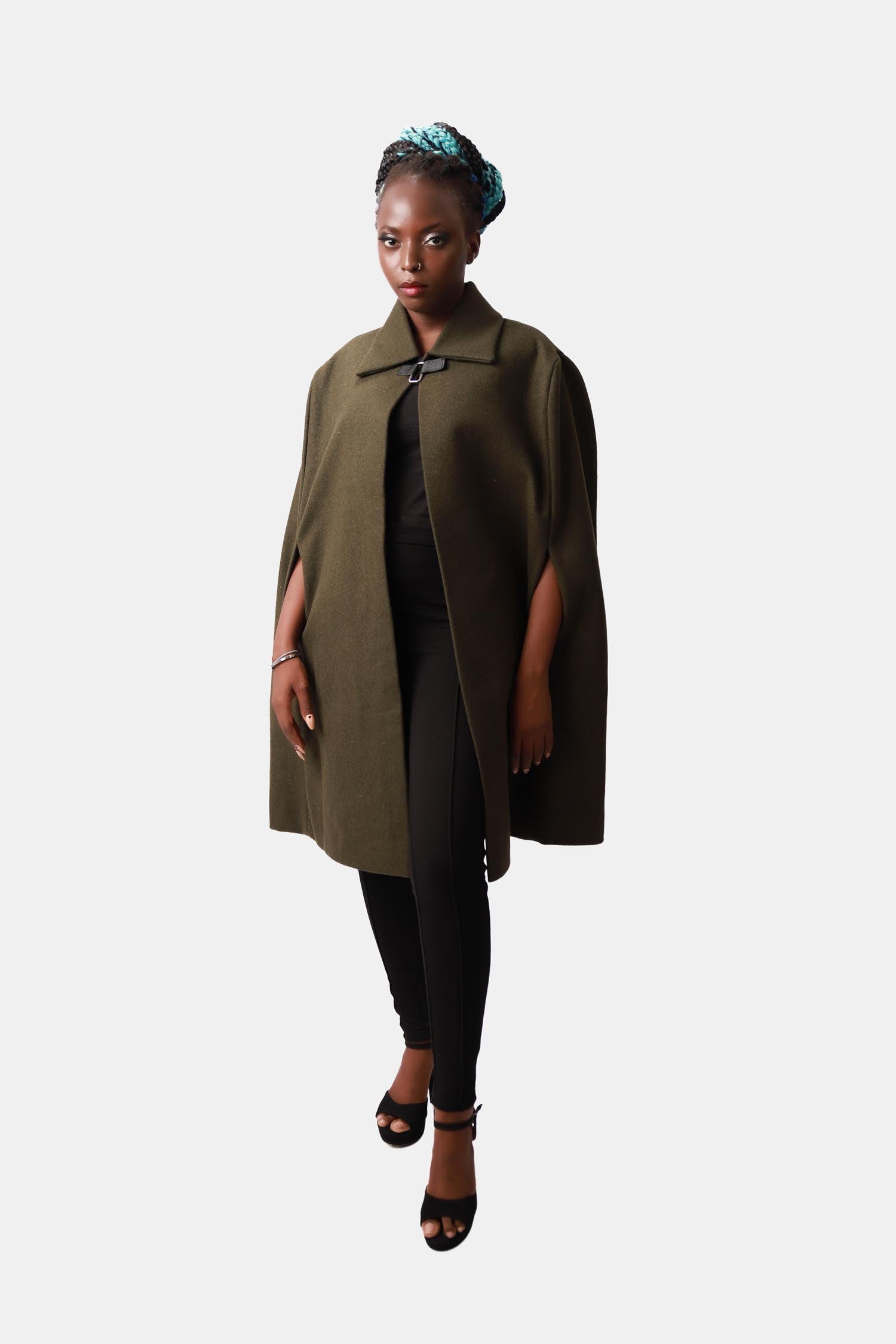 Ashwood Khaki Green Wool Cape Coat For Women