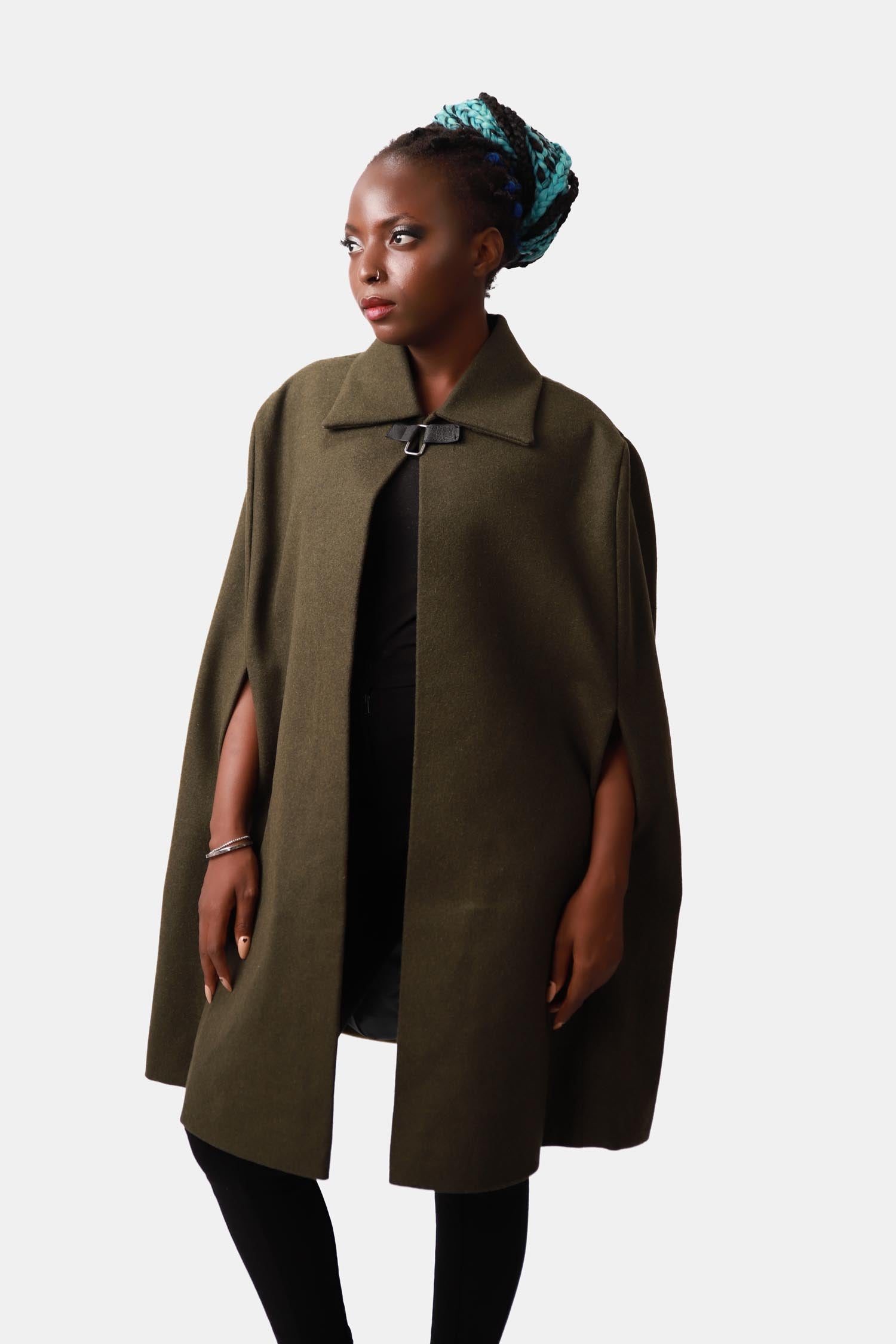 Ashwood Khaki Green Wool Cape Coat For Women