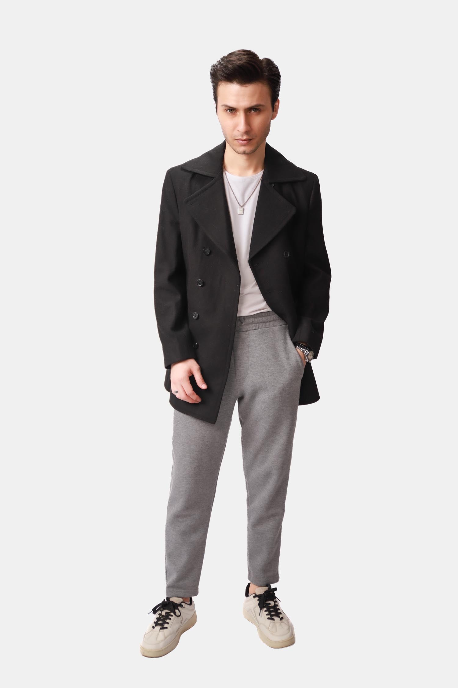 Black Double-Breasted Wool Peacoat