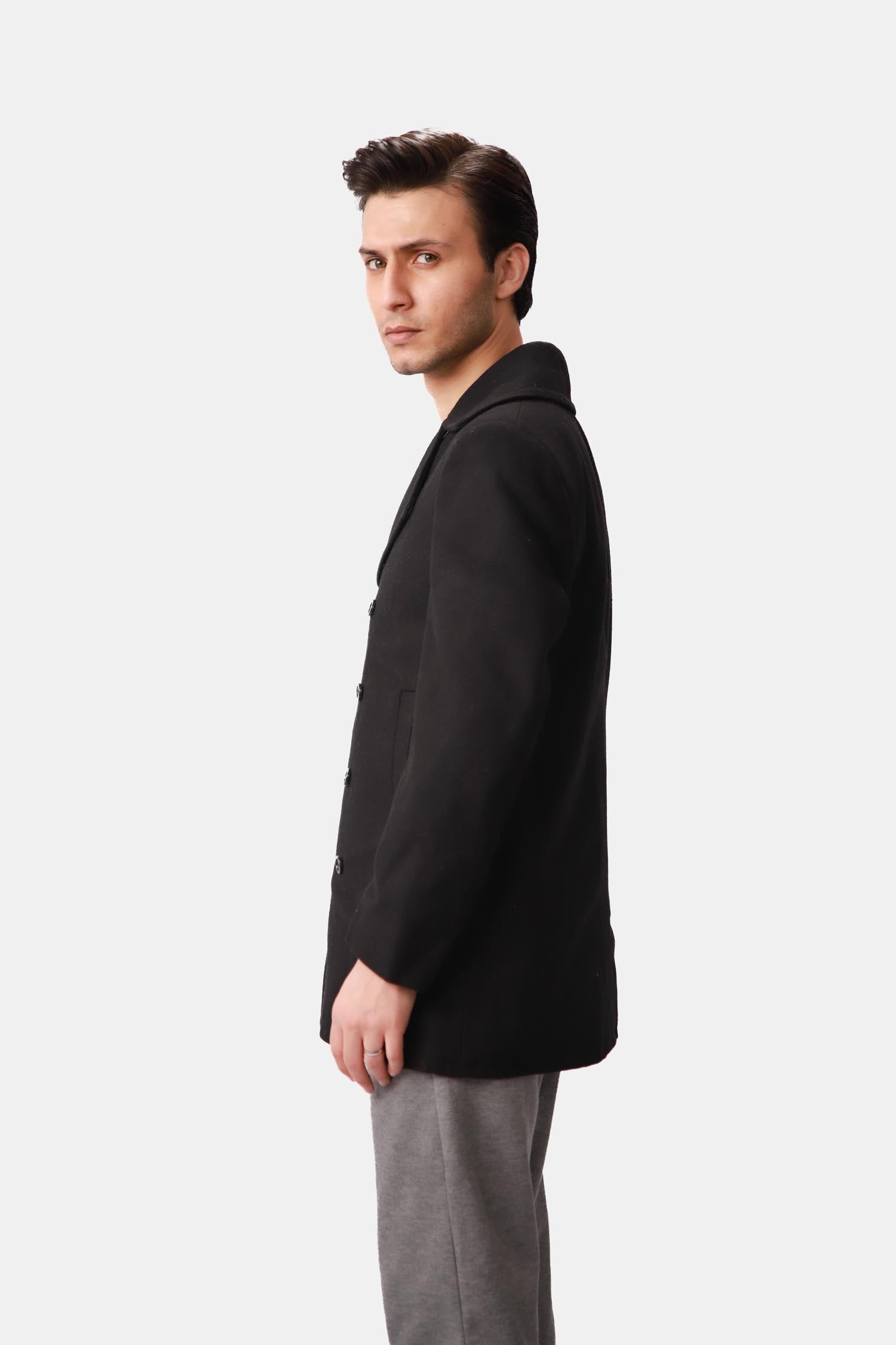 Black Double-Breasted Wool Peacoat