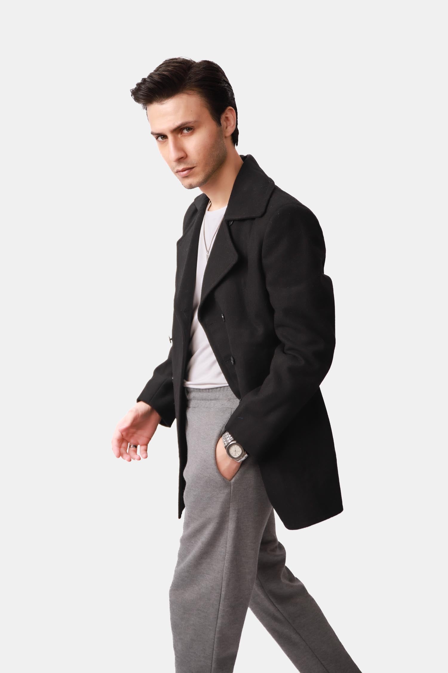 Black Double-Breasted Wool Peacoat