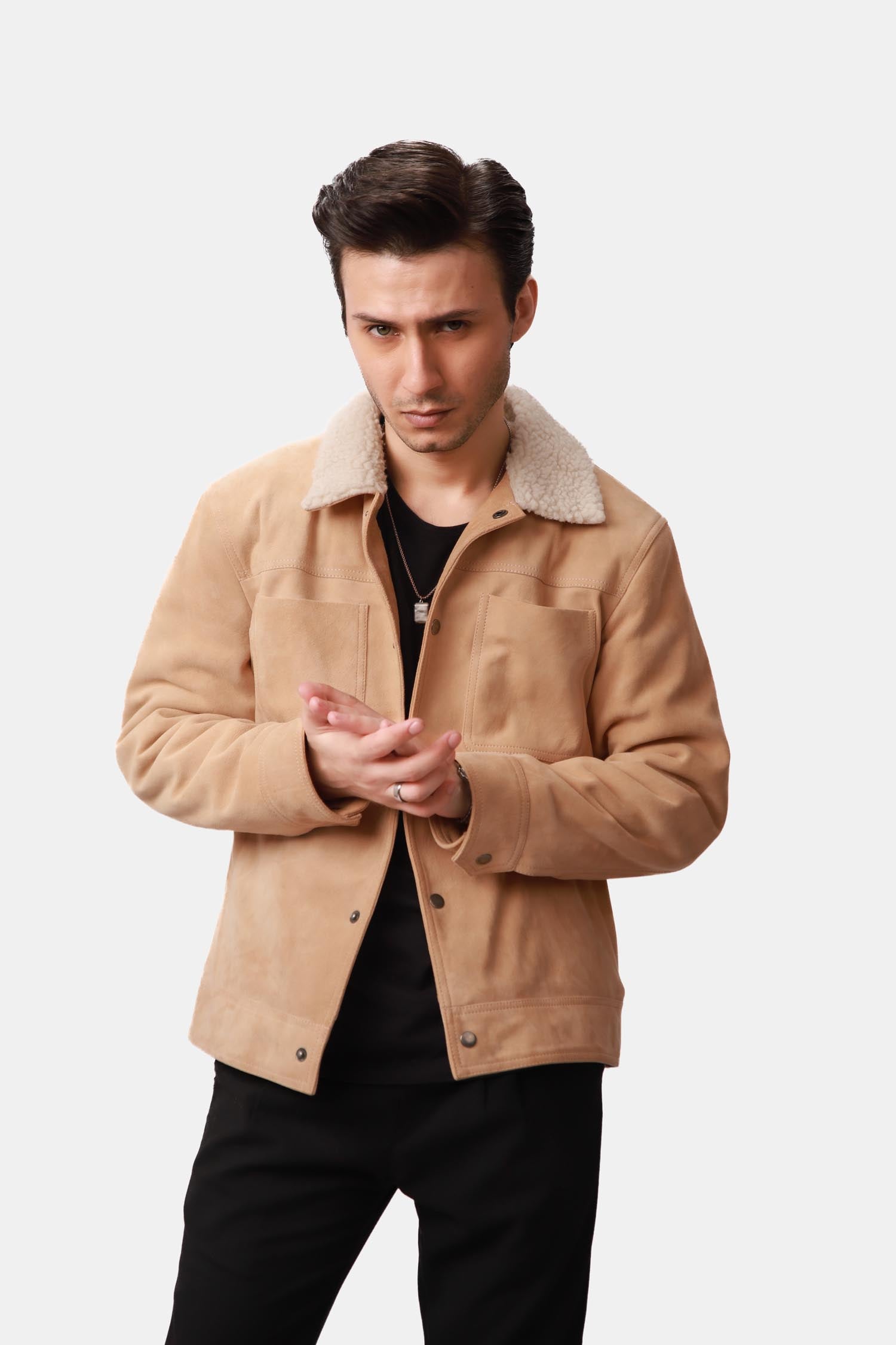 Beige Suede Leather Trucker Jacket