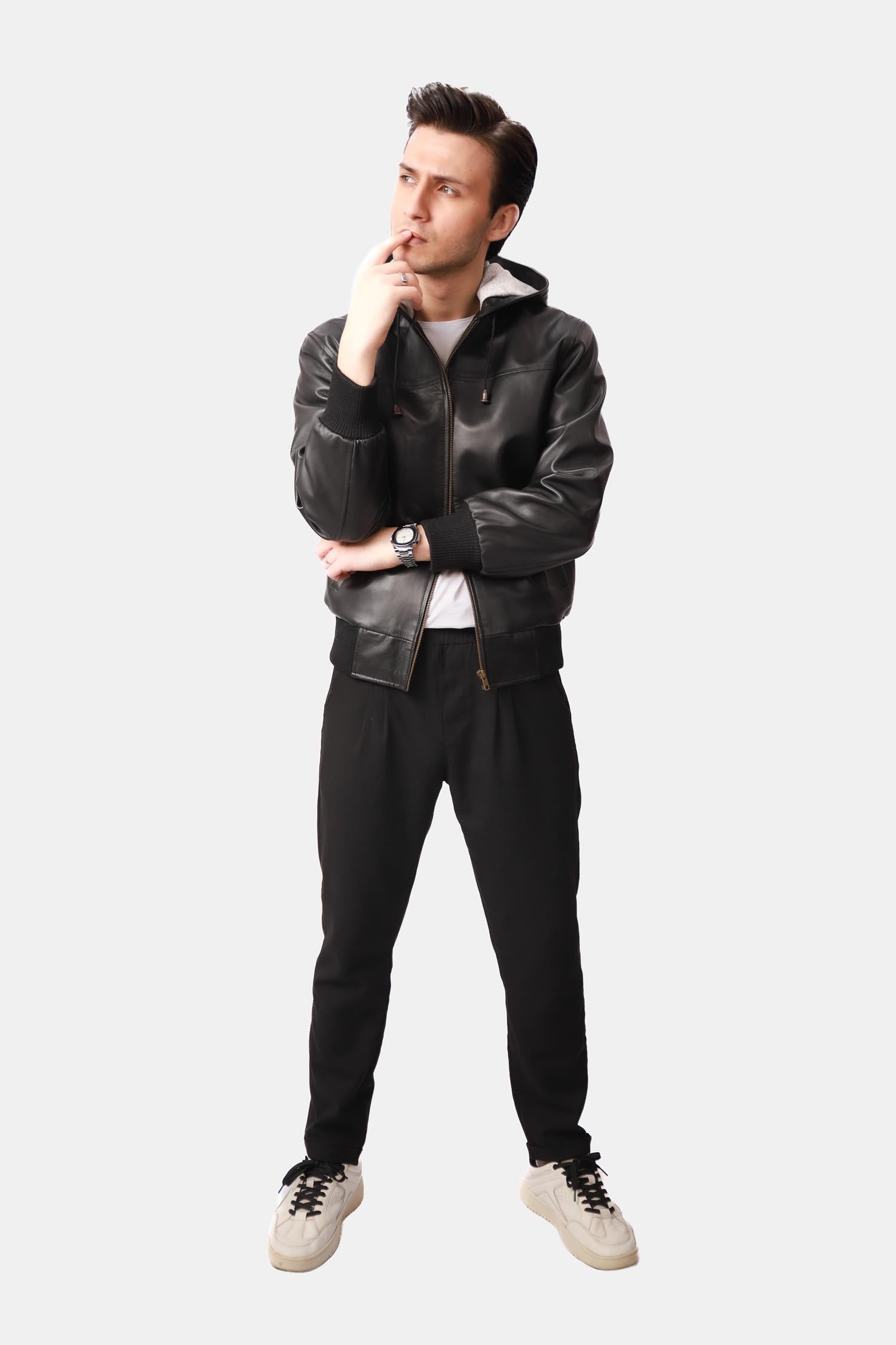 Black Hooded Bomber Leather Jacket