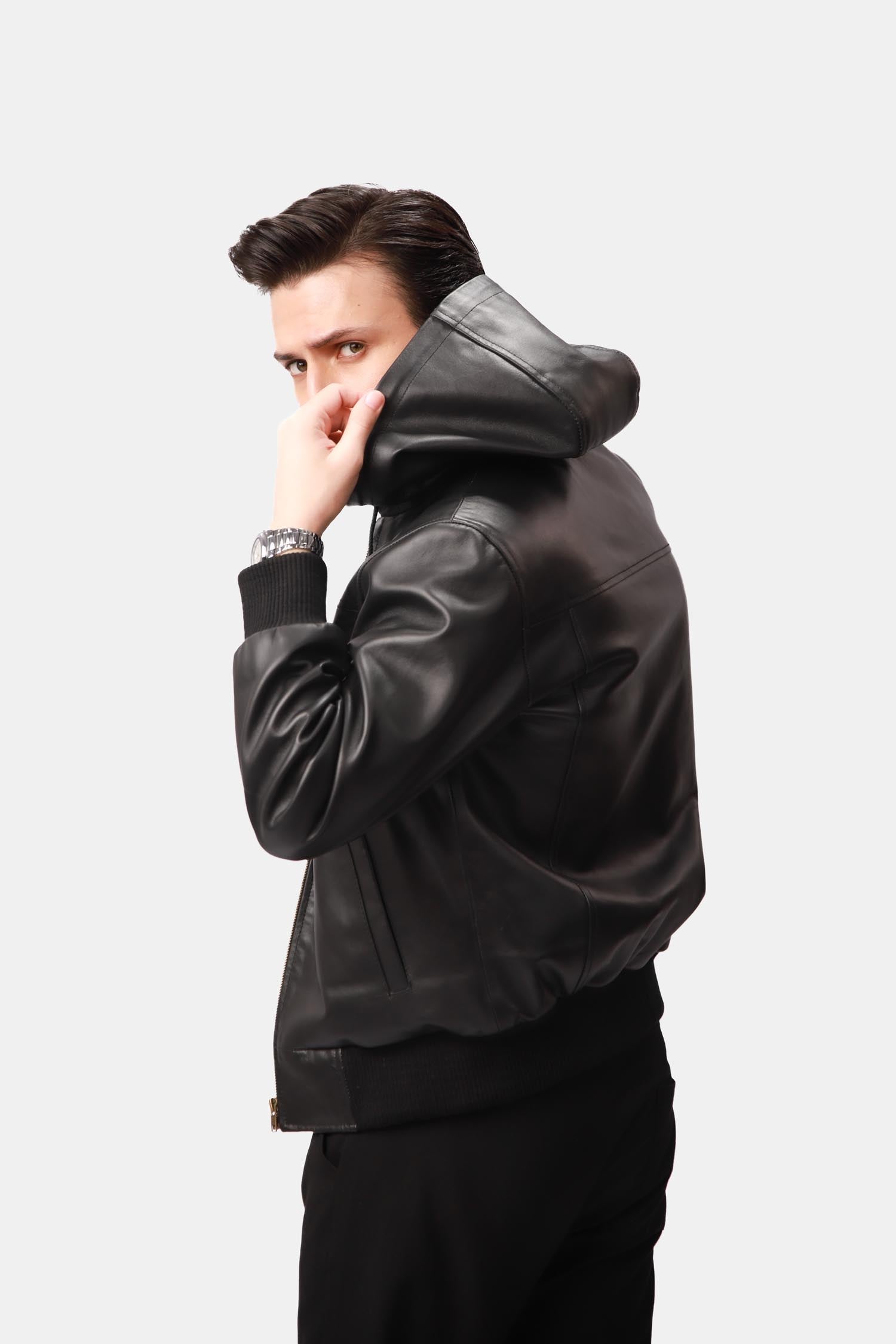 Black Hooded Bomber Leather Jacket