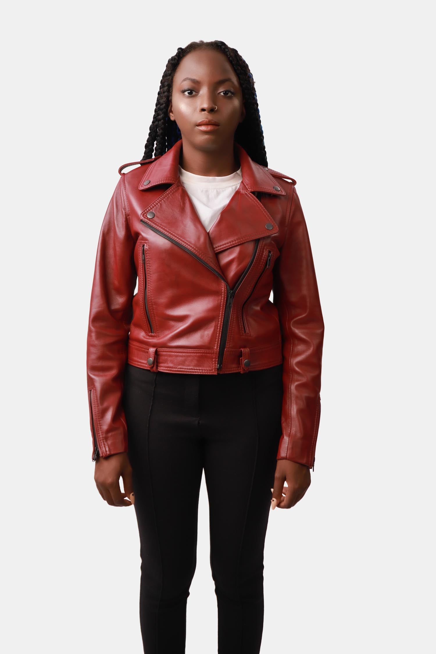 Boujee Brick Red Biker Leather Jacket For Women
