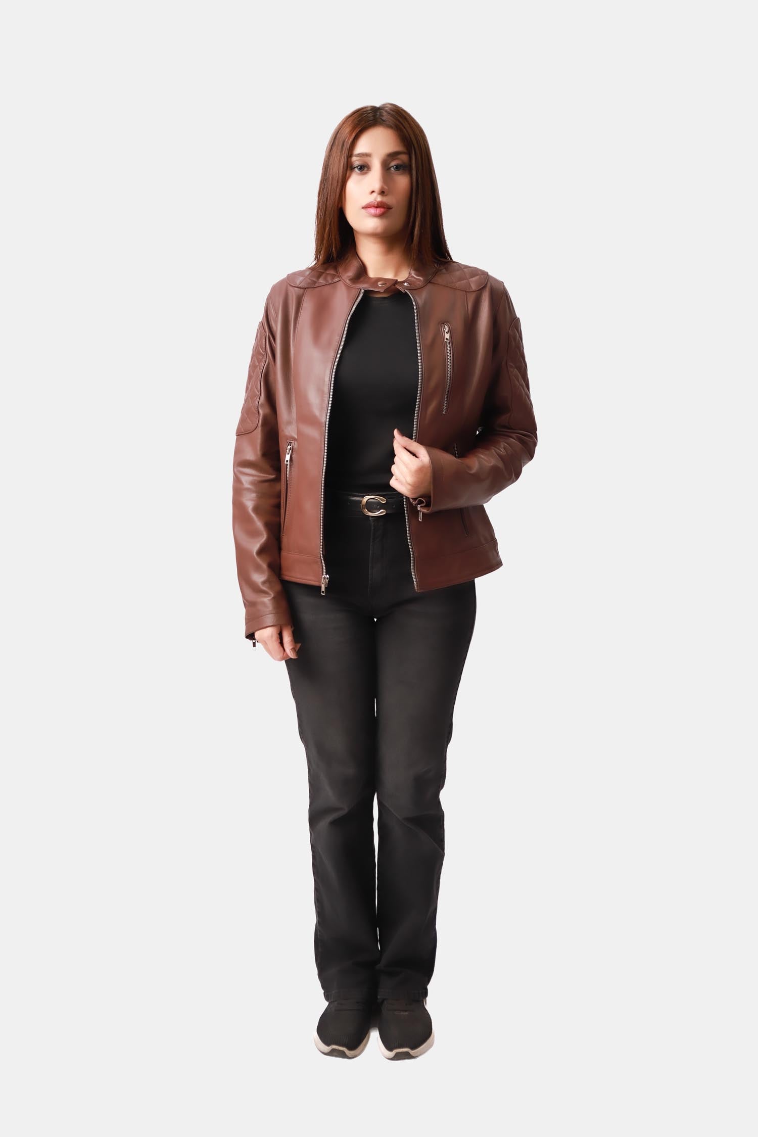 Brown Quilted Leather Biker Jacket
