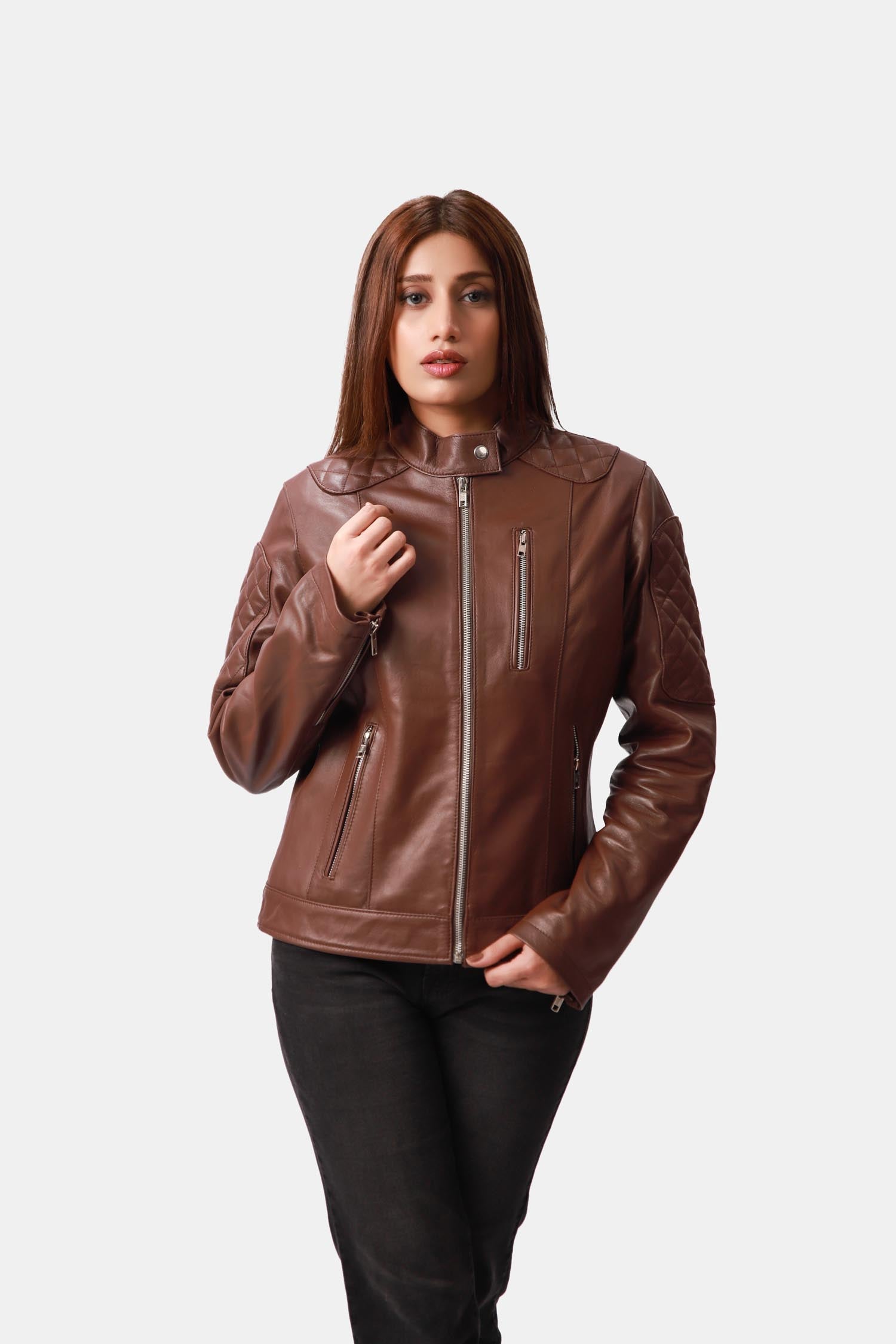 Brown Quilted Leather Biker Jacket