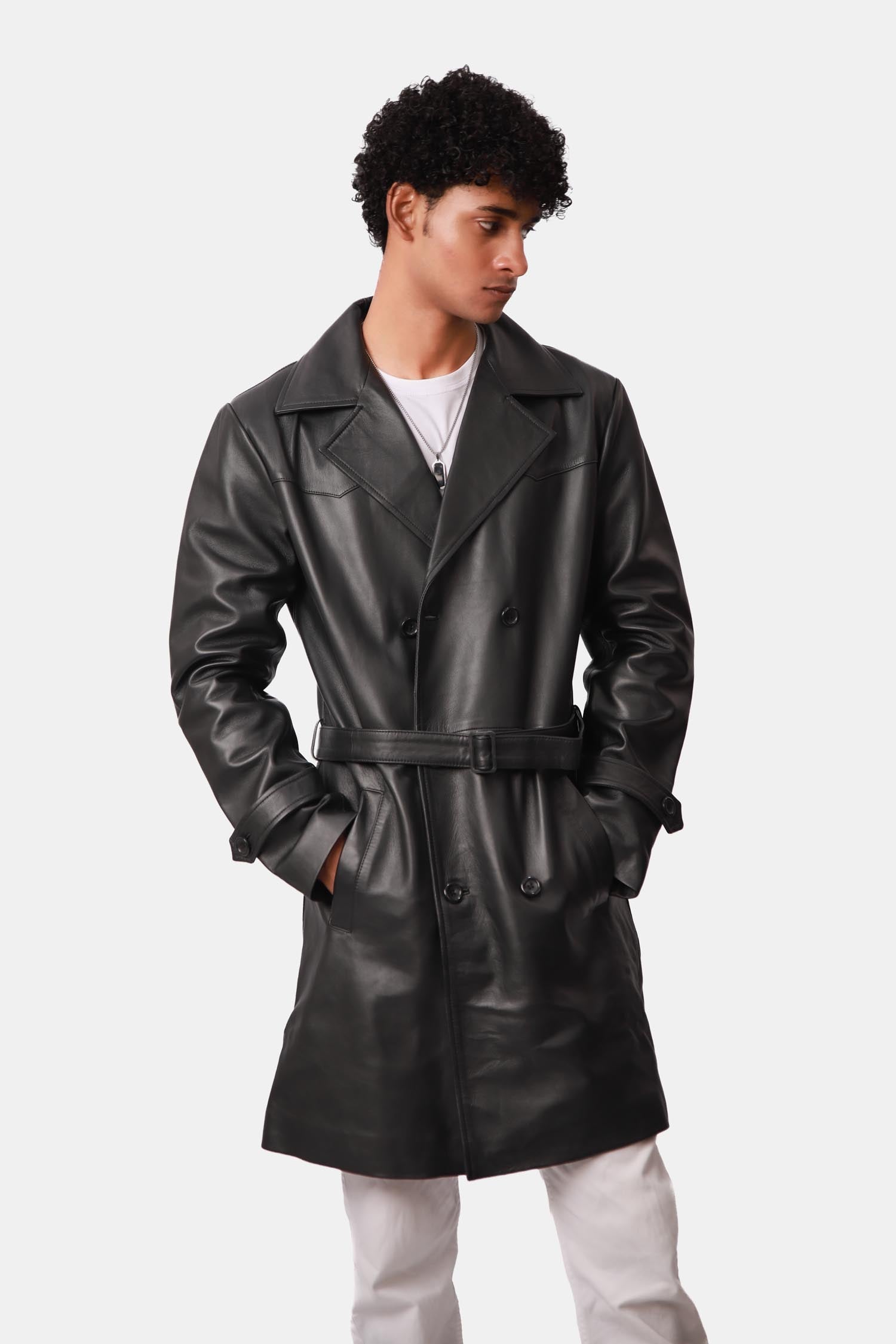 Cipher Black Single-Breasted Leather Trench Coat For Men