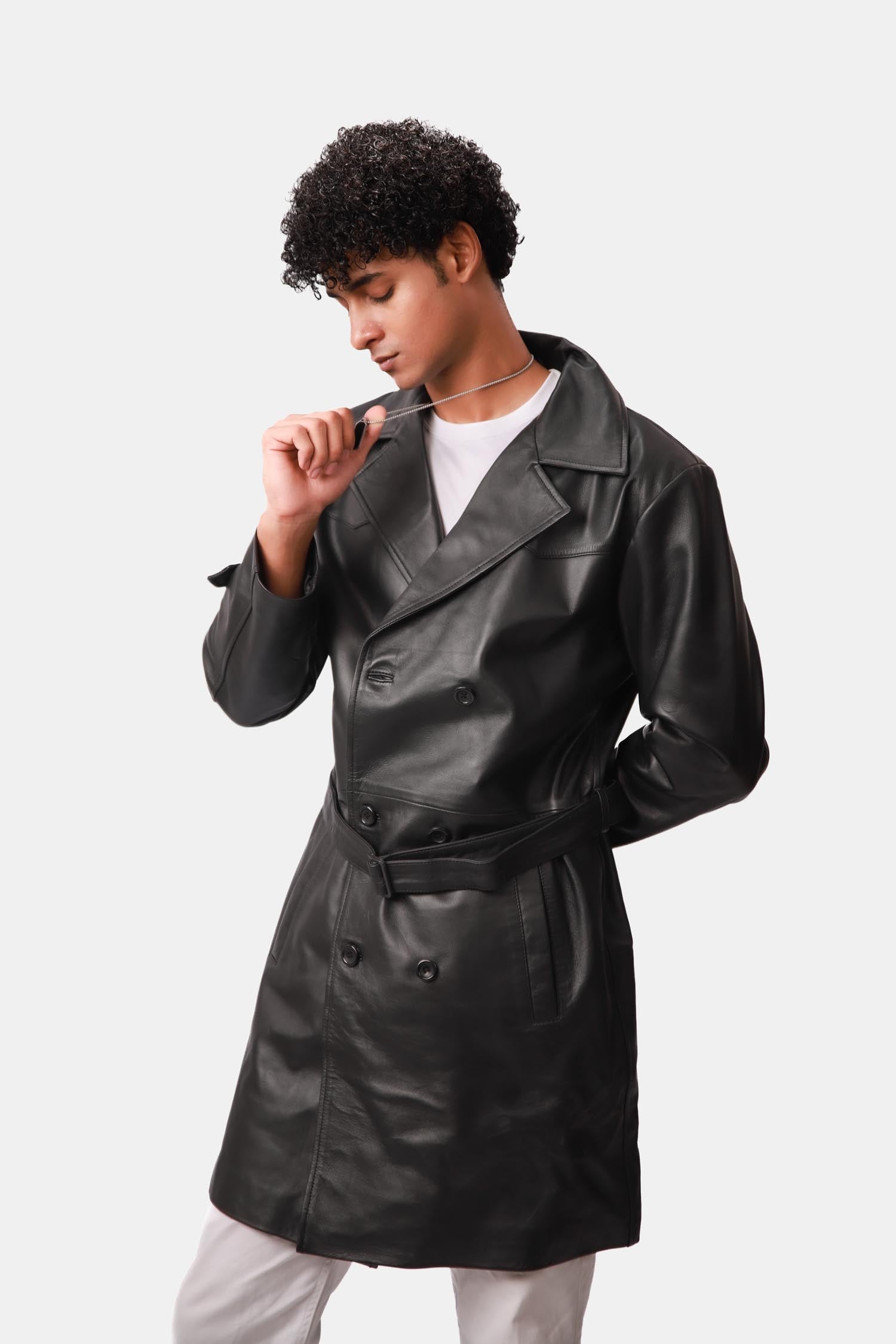 Cipher Black Single-Breasted Leather Trench Coat For Men