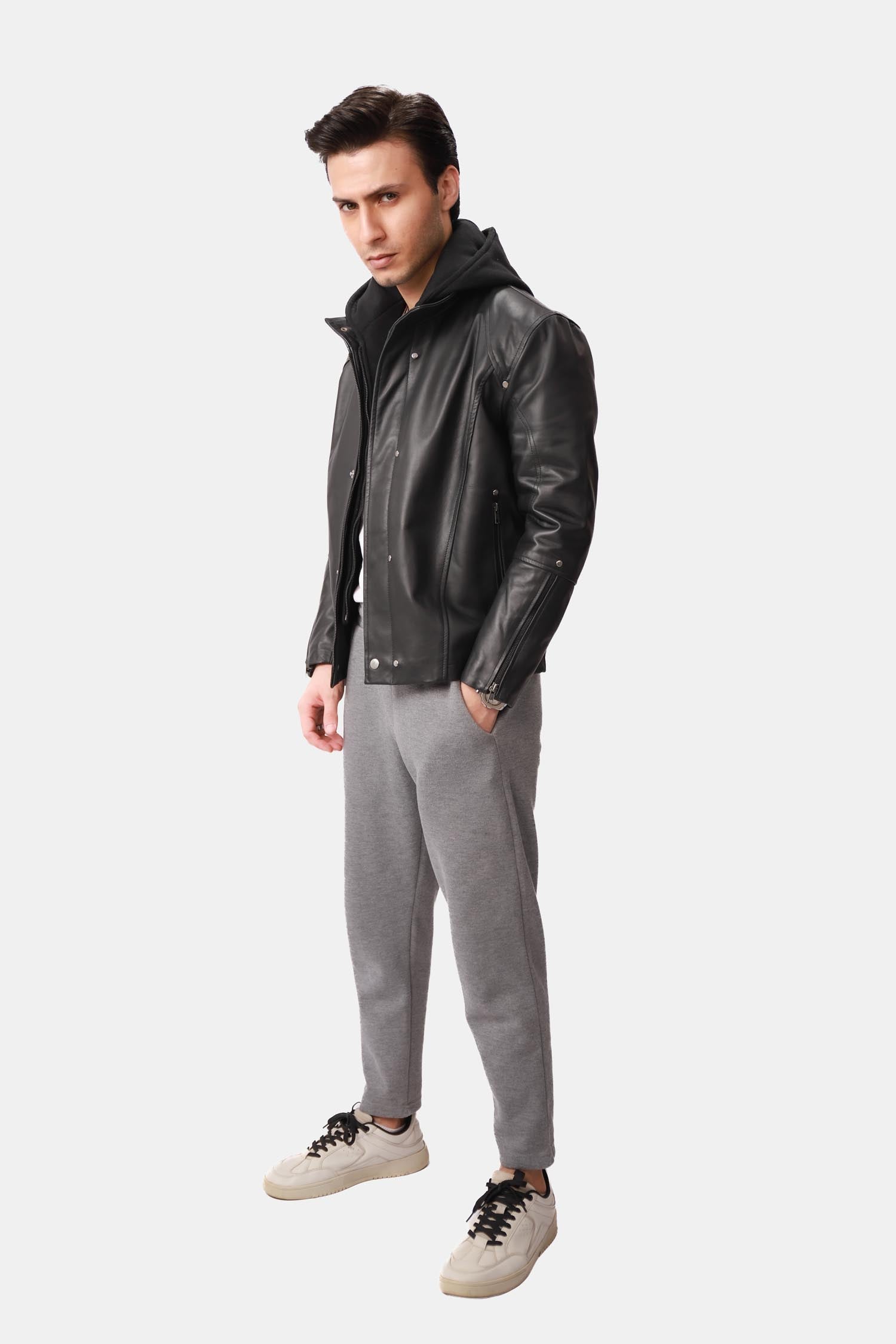 Black Leather Hooded Jacket