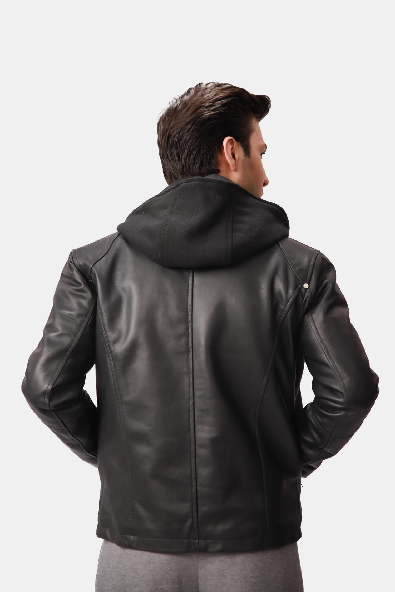 Black Leather Hooded Jacket