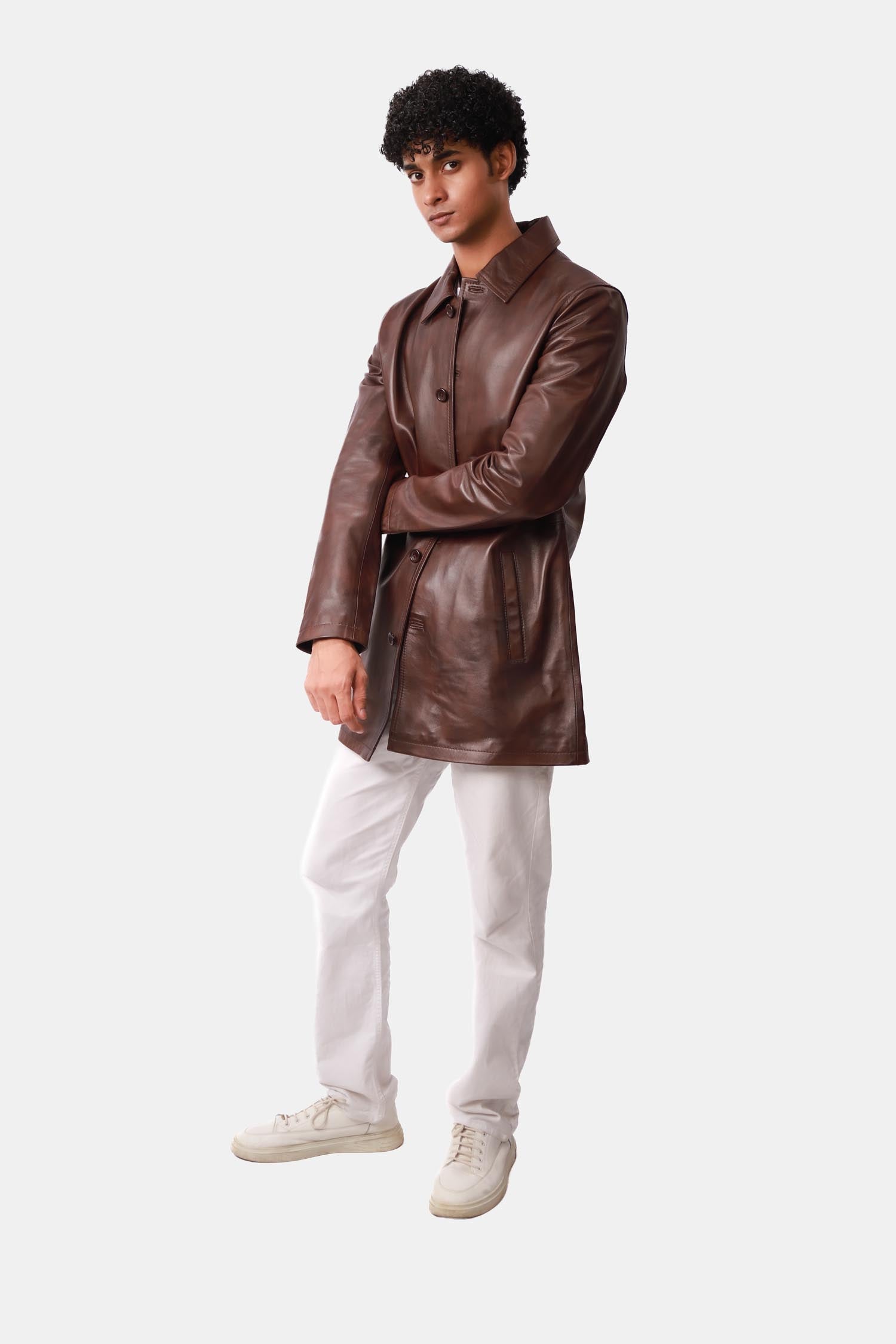 Dark Brown Leather Pea Coat