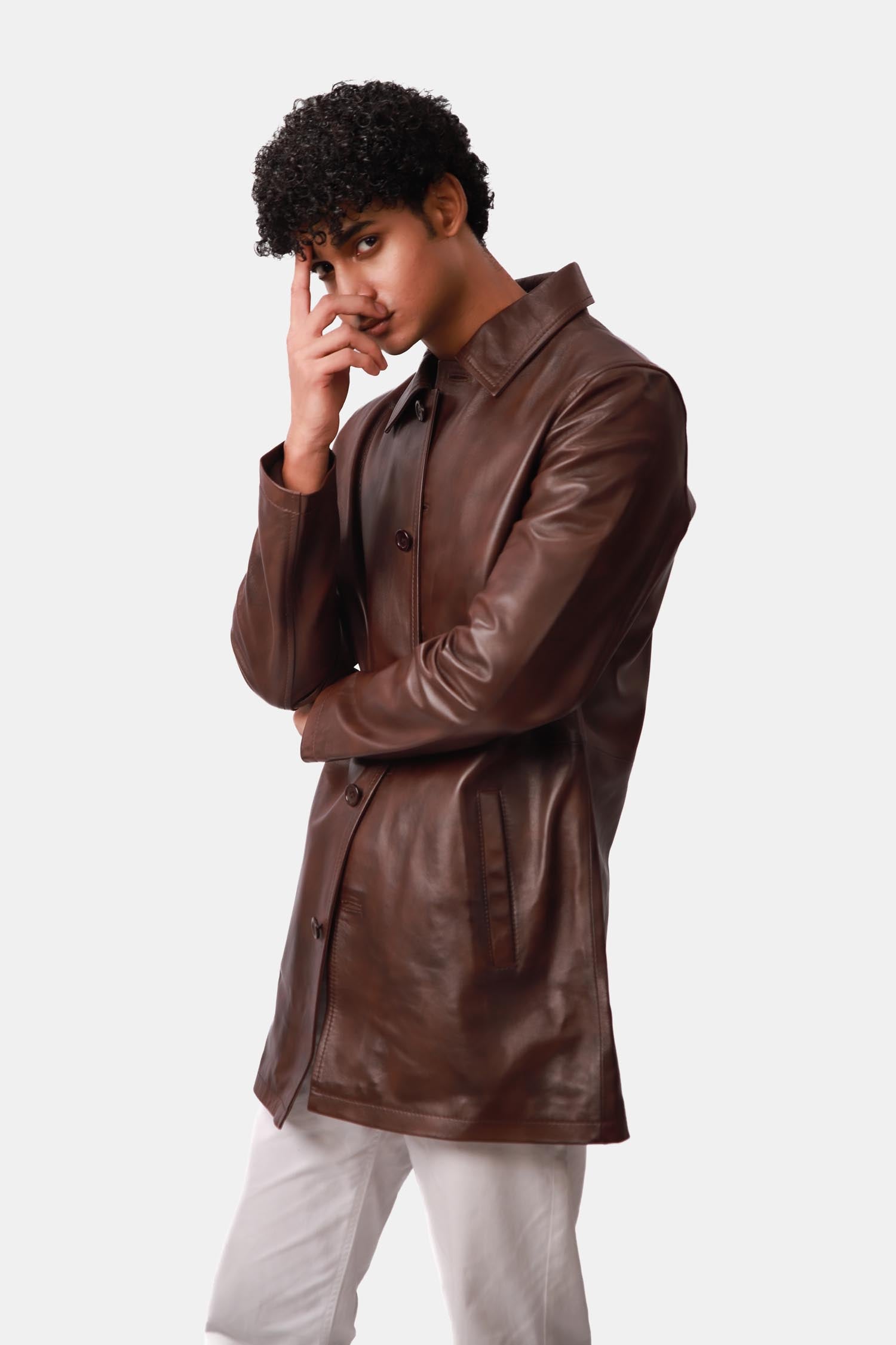 Dark Brown Leather Pea Coat