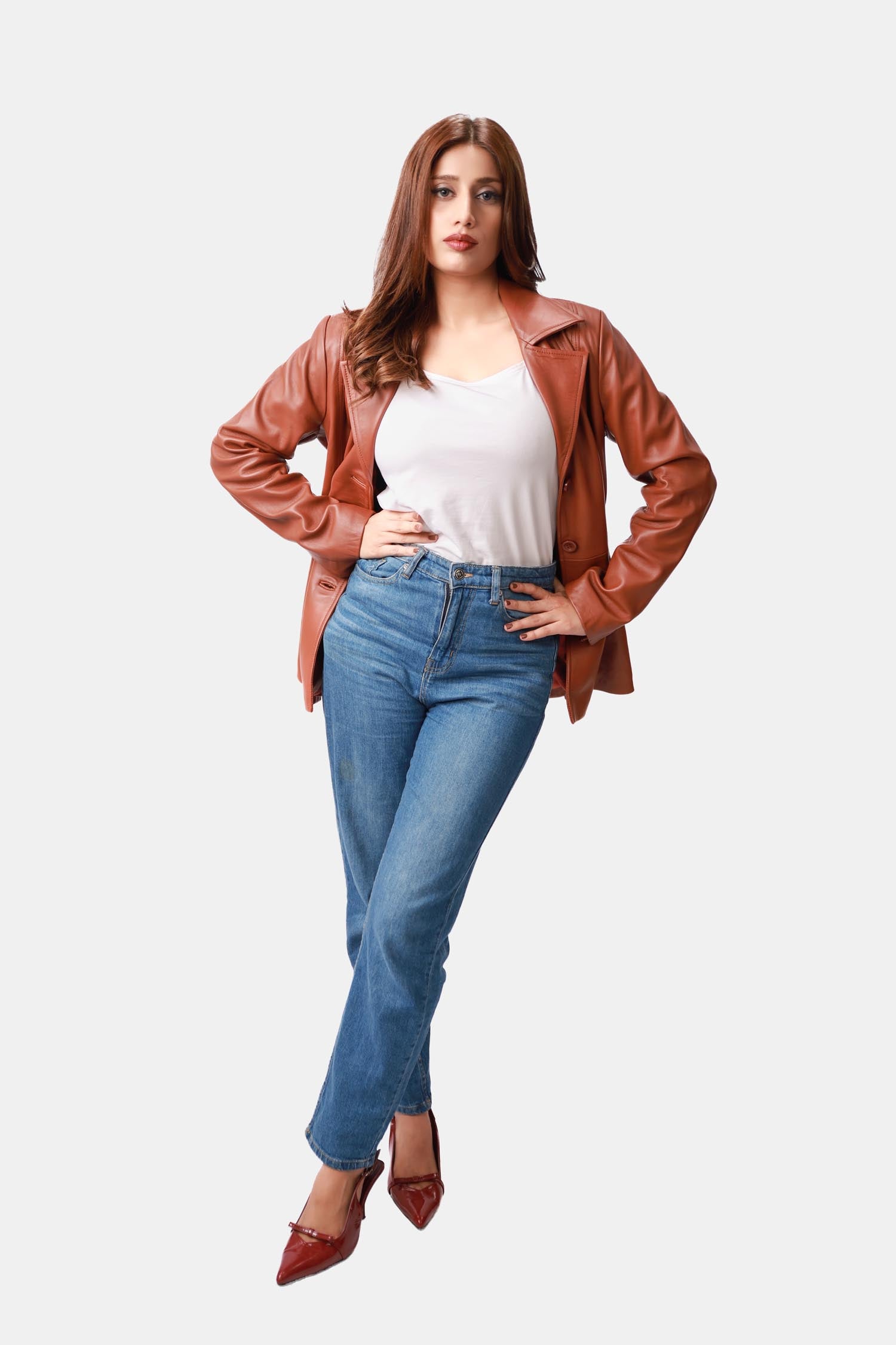 Brown Leather Blazer For Women