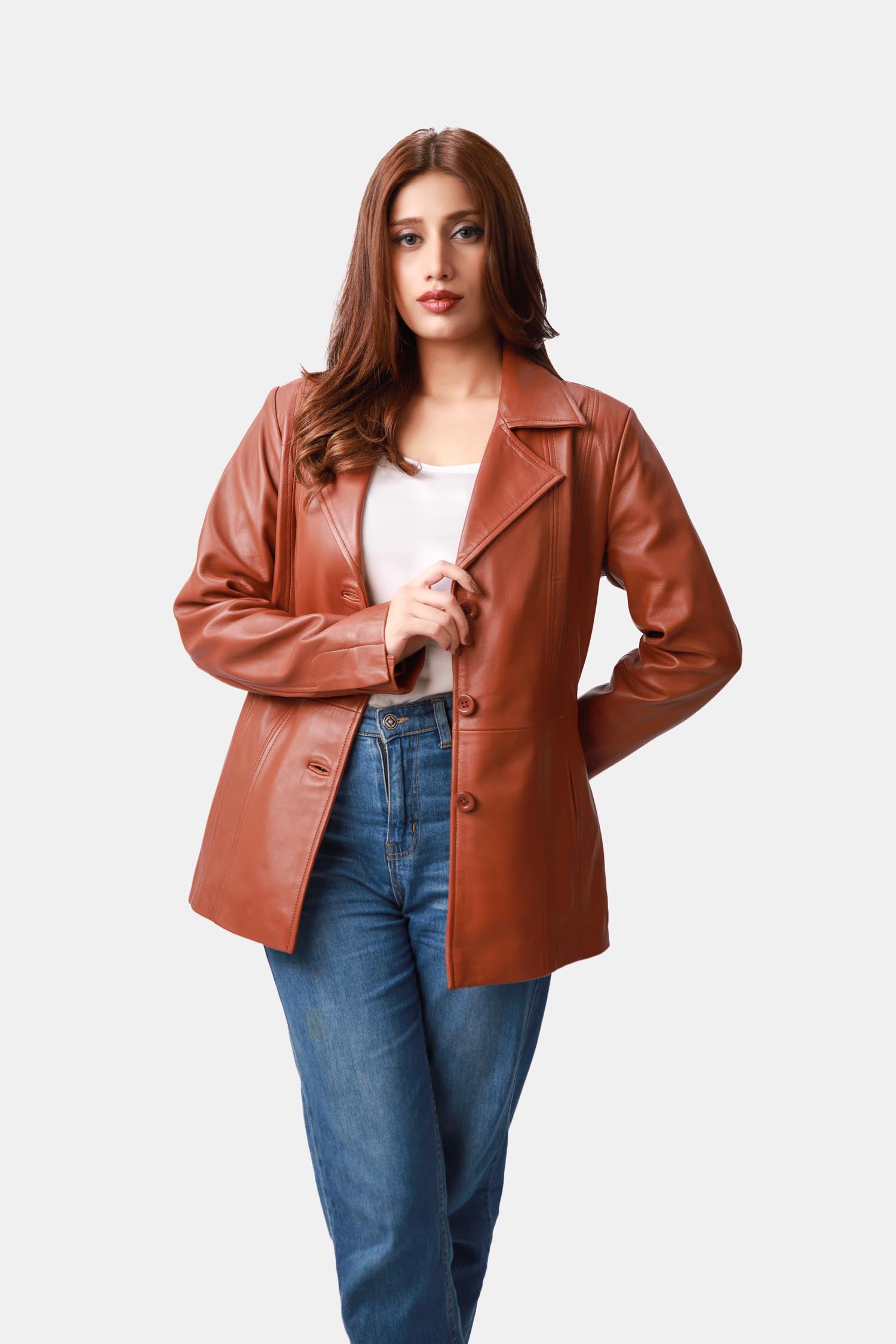 Brown Leather Blazer For Women