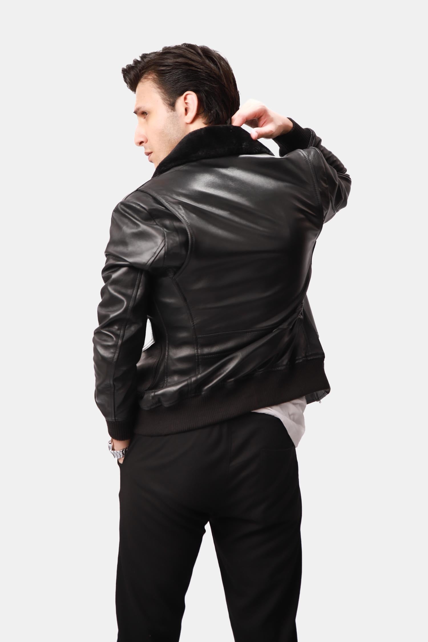 Flight Bomber Black Leather Jacket