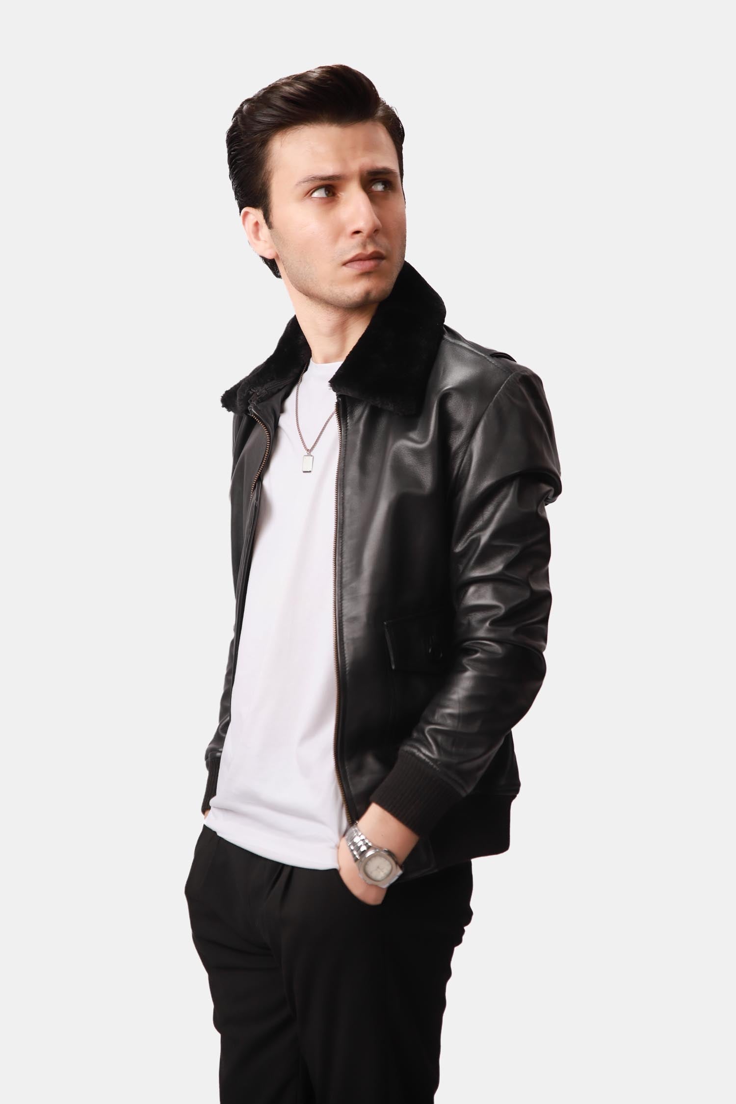 Flight Bomber Black Leather Jacket