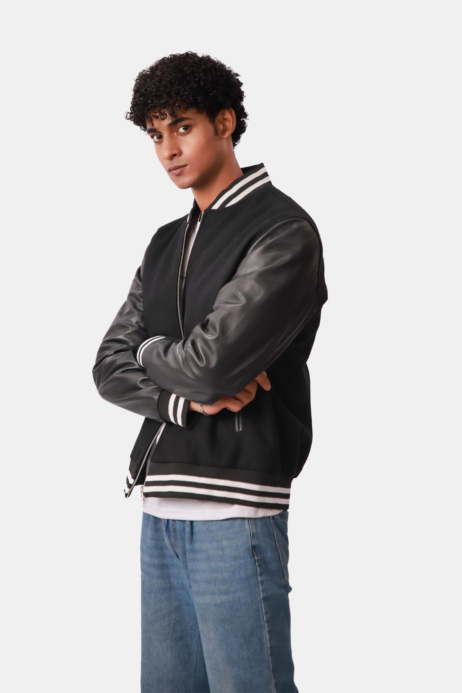 Drift Black Varsity Wool leather Sleeve Jacket For Men
