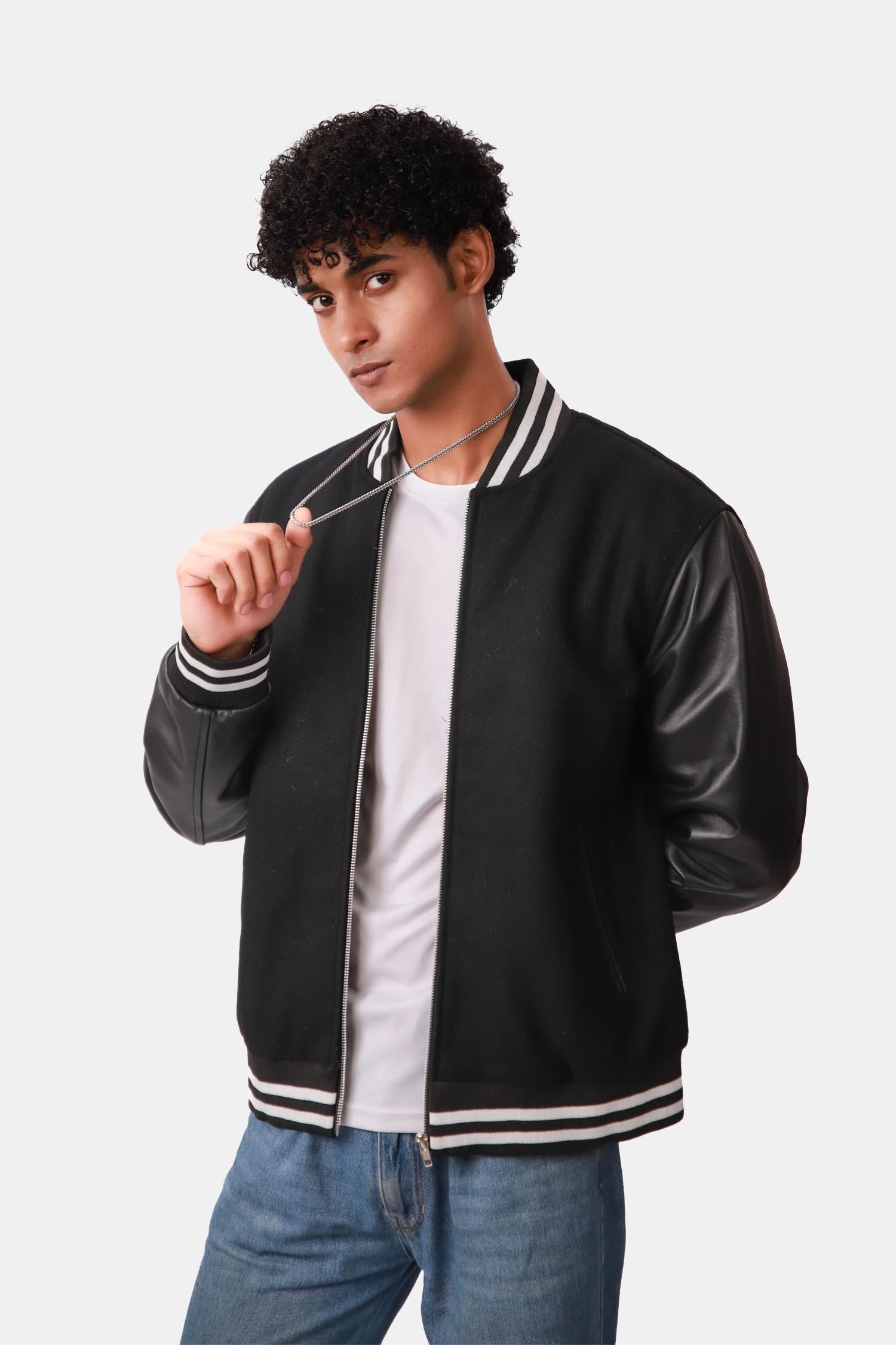 Drift Black Varsity Wool leather Sleeve Jacket For Men
