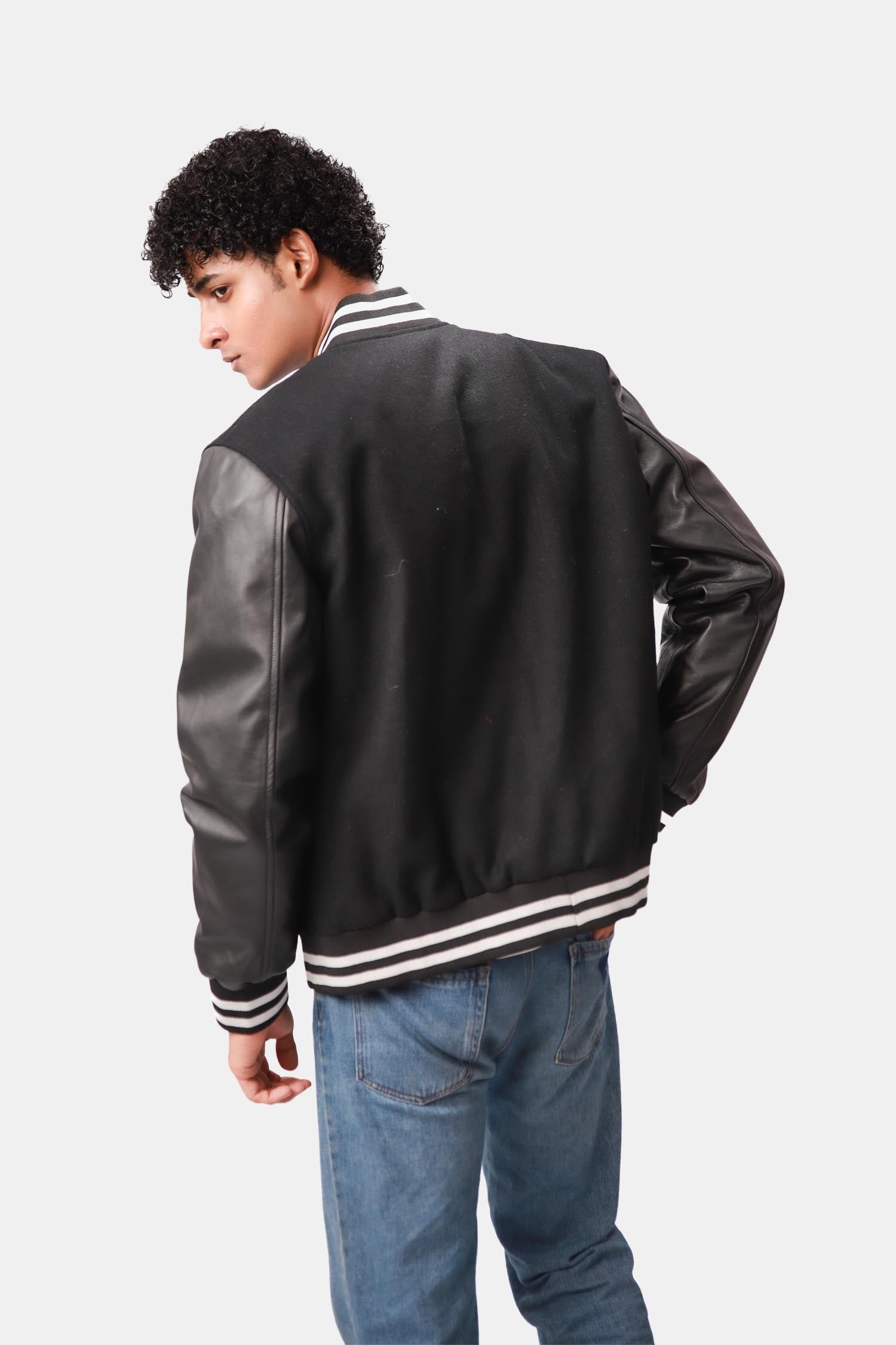 Drift Black Varsity Wool leather Sleeve Jacket For Men