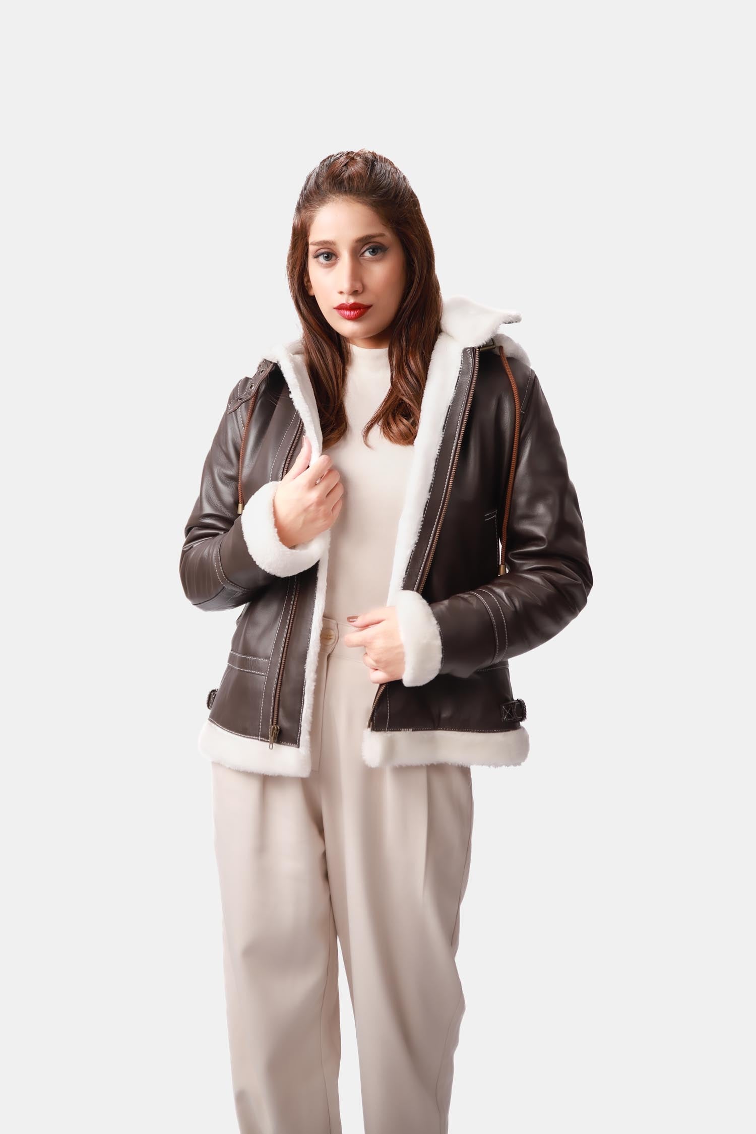 Emberly Dark Brown B3 Bomber Hooded Leather Jacket For Women