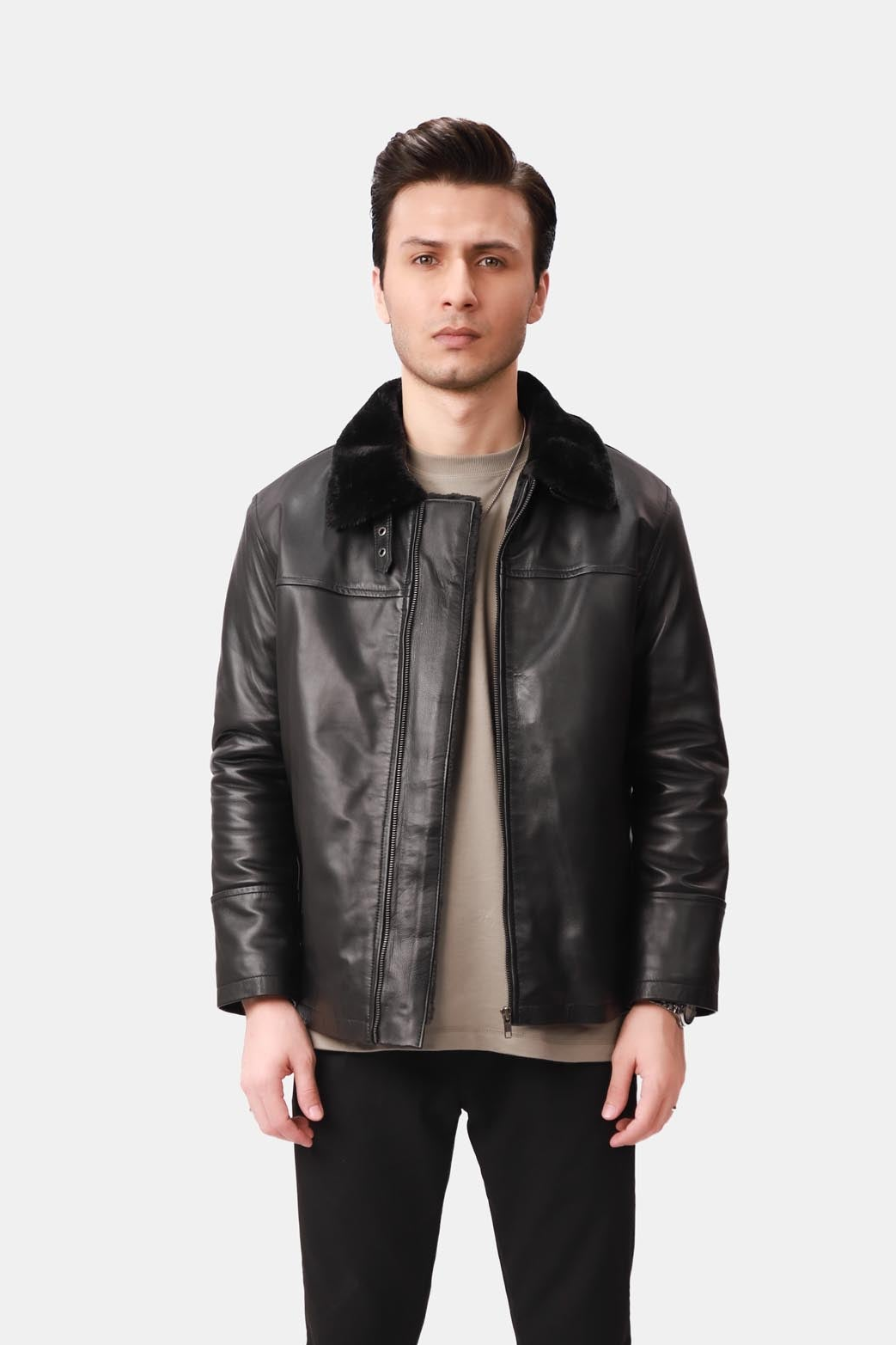 Black Shearling Aviator Leather Jacket