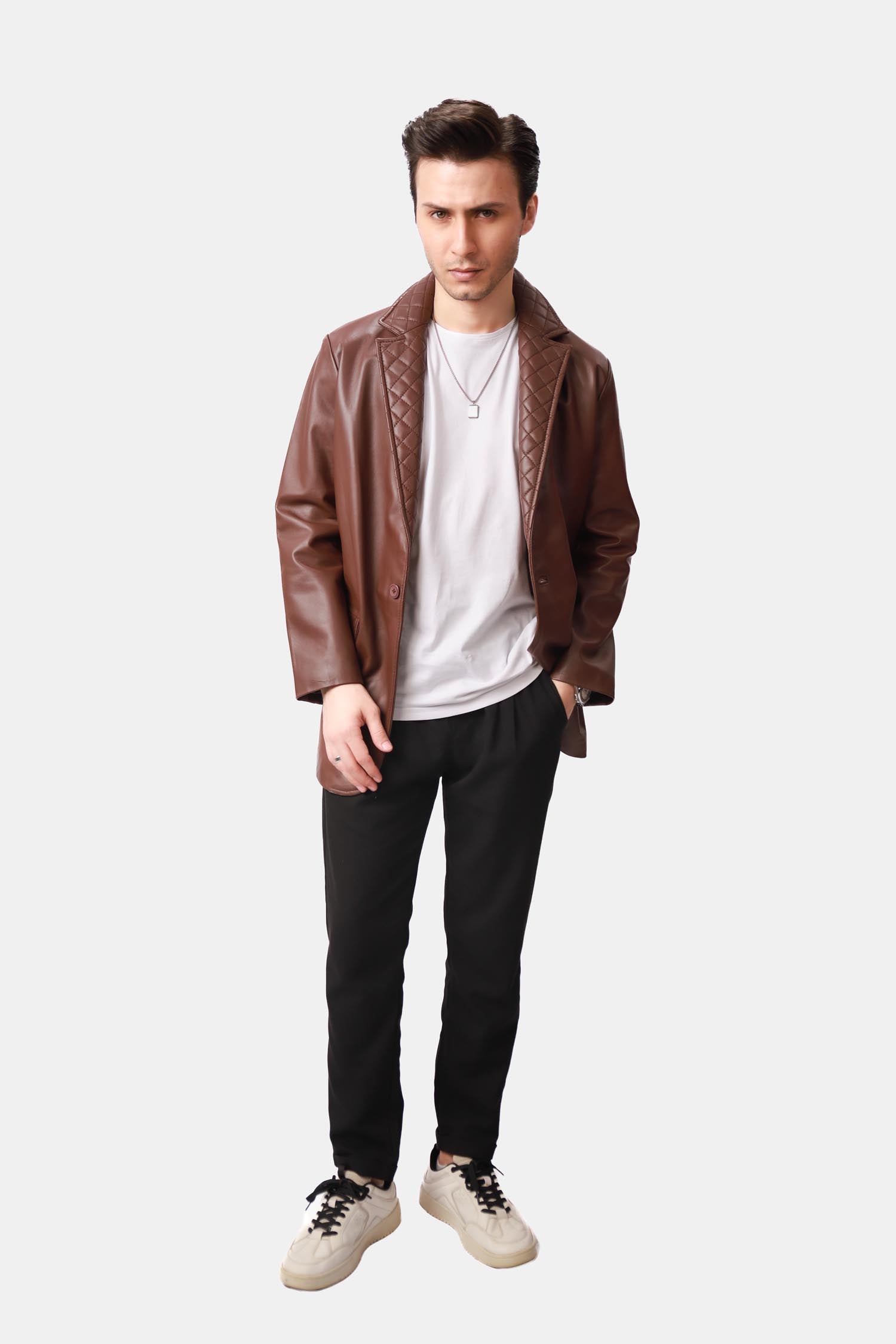 Dark Brown Quilted Leather Blazer