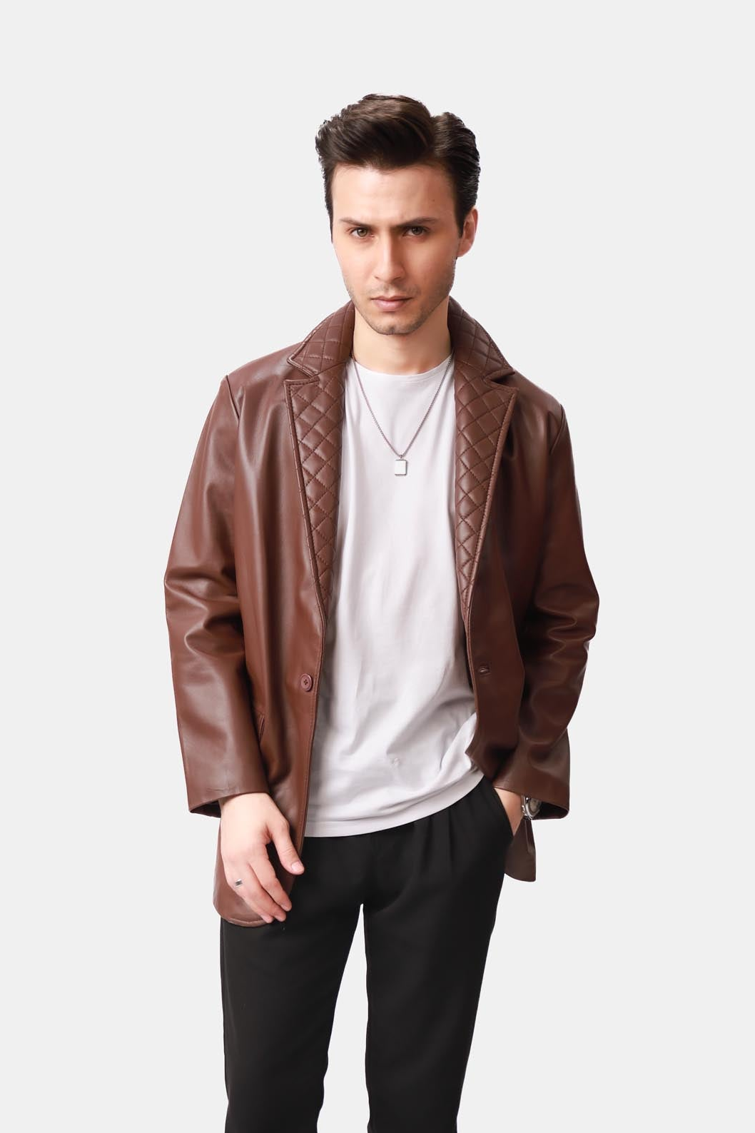 Executioner Dark Brown Quilted Leather Blazer For Men