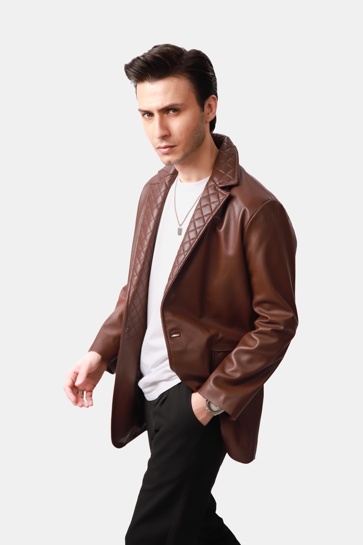 Dark Brown Quilted Leather Blazer
