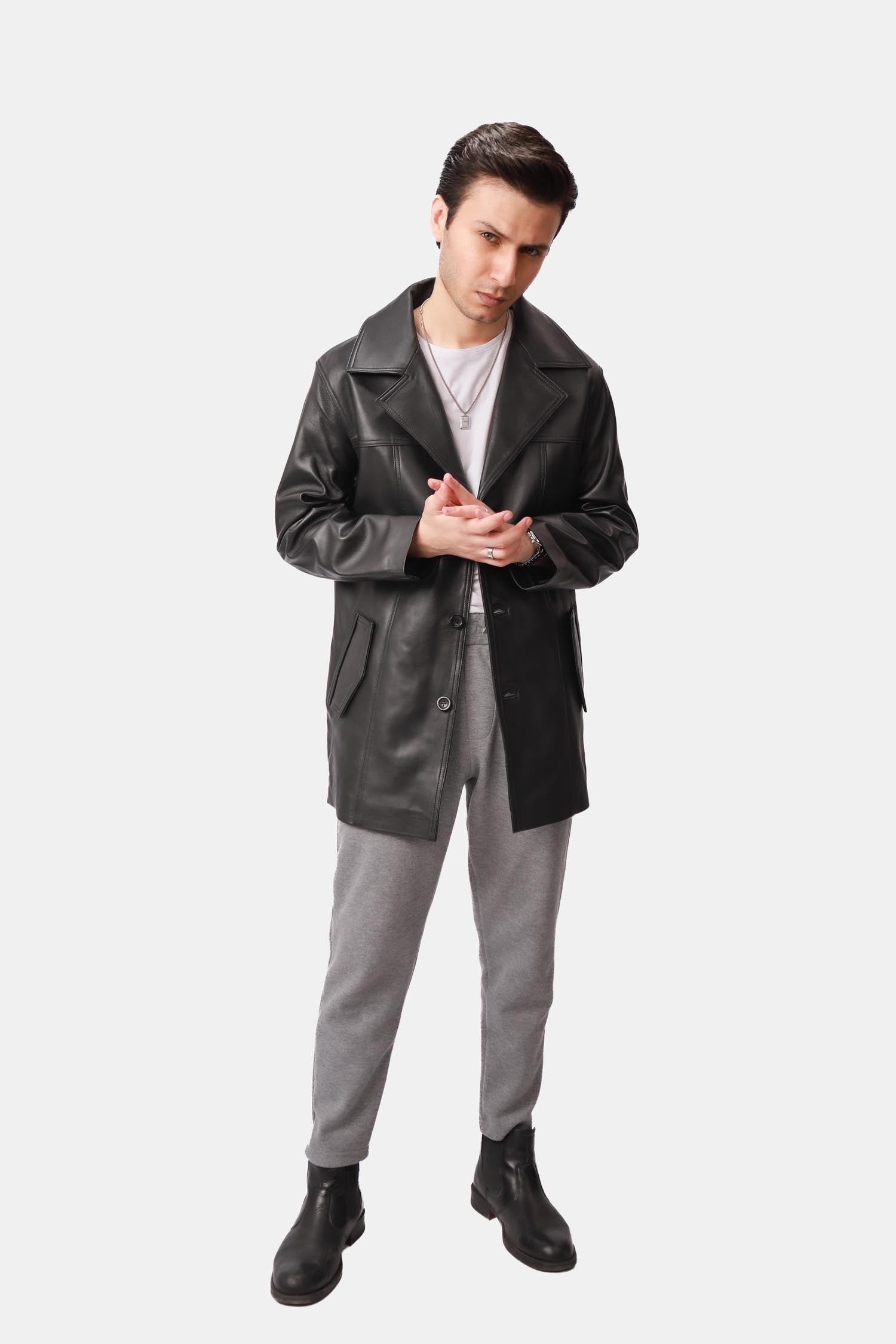 Black Single-Breasted Leather Coat
