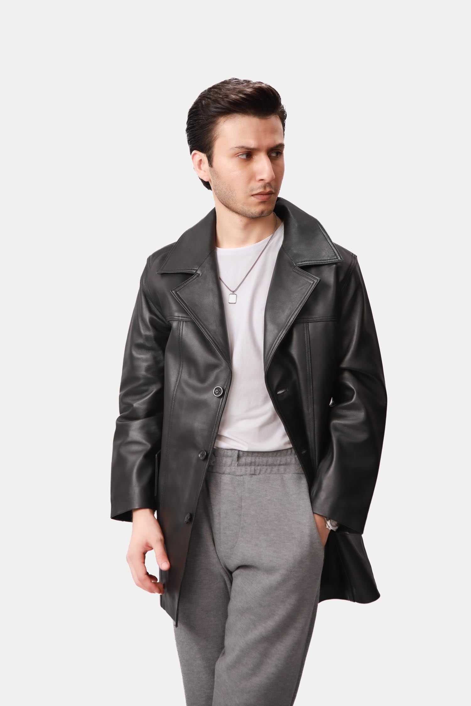 Black Single-Breasted Leather Coat