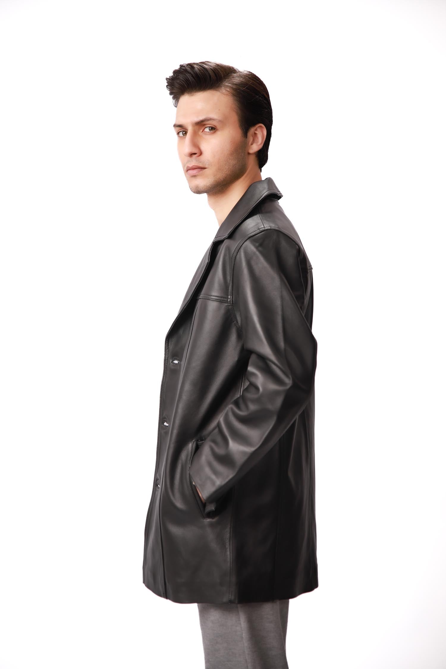 Black Single-Breasted Leather Coat