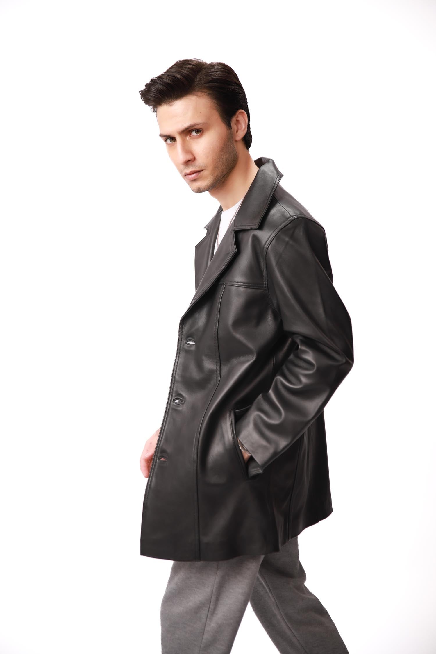 Black Single-Breasted Leather Coat