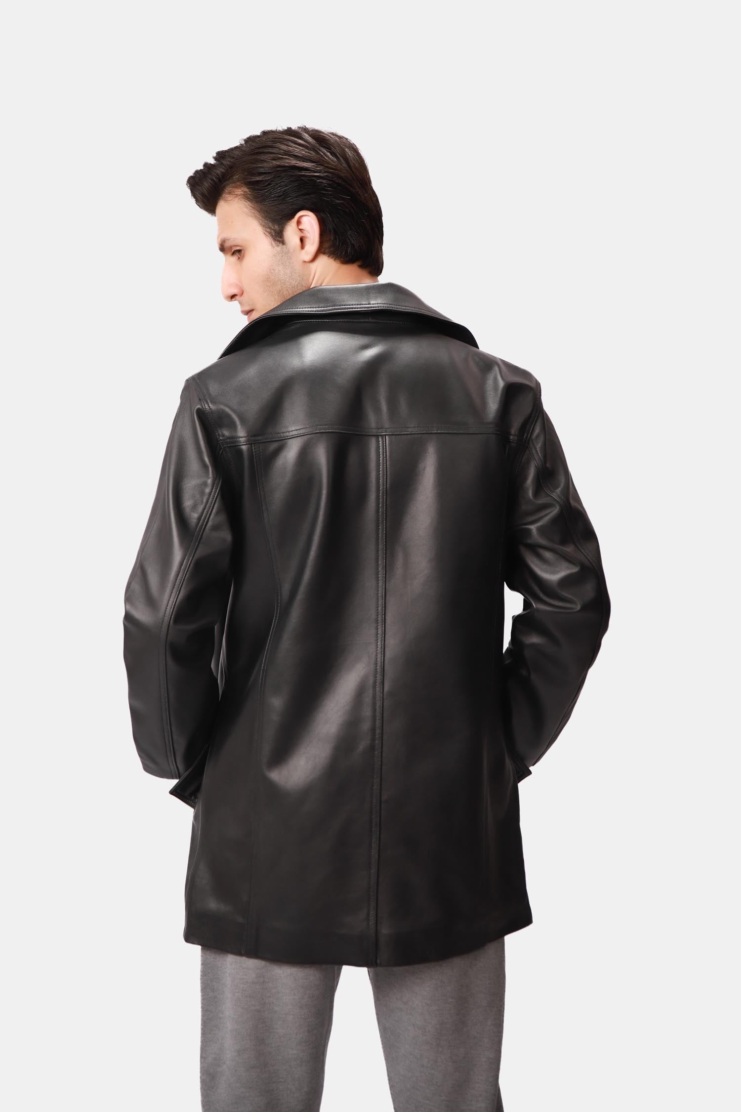 Black Single-Breasted Leather Coat