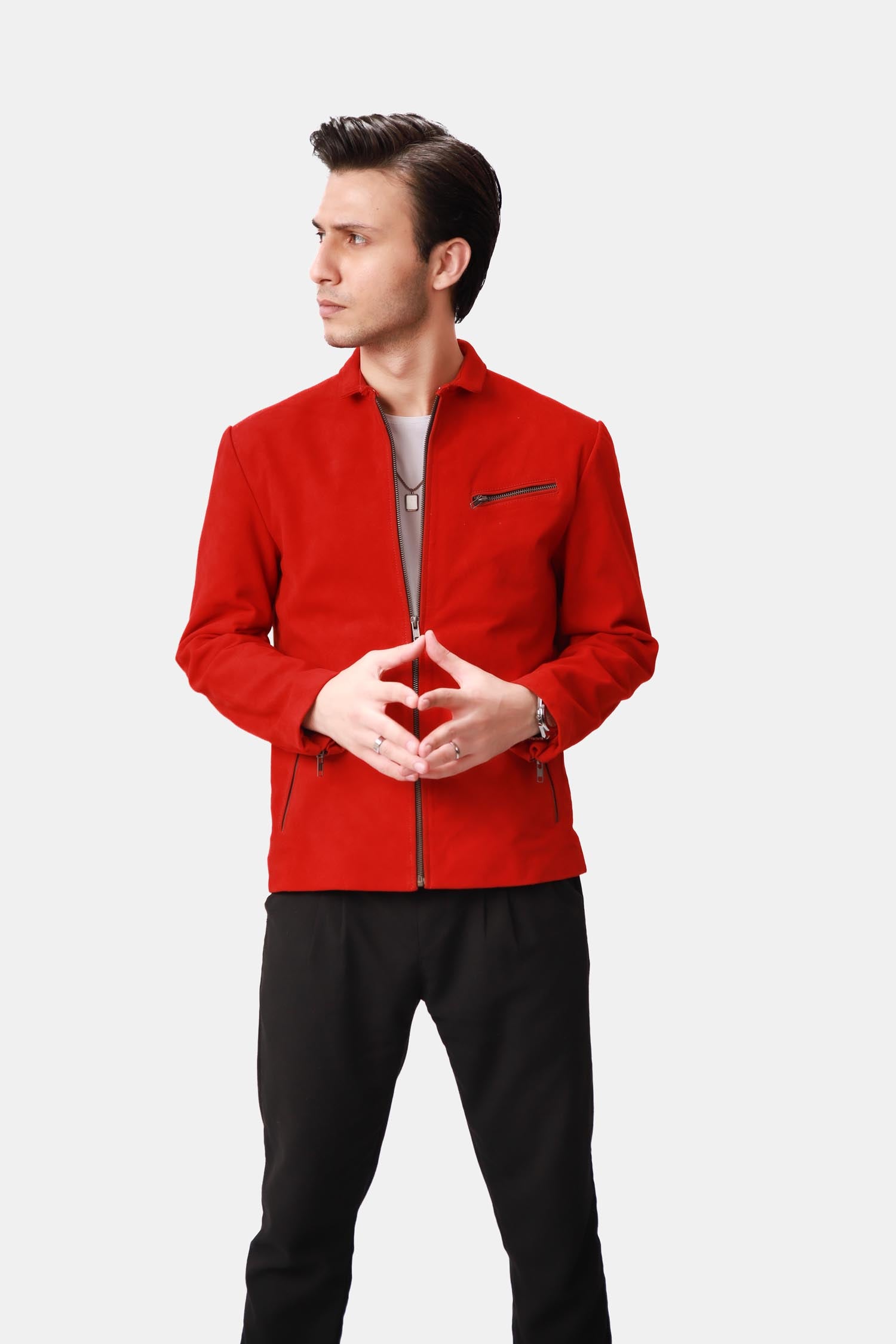 Flare Red Suede Leather Biker Style Jacket For Men