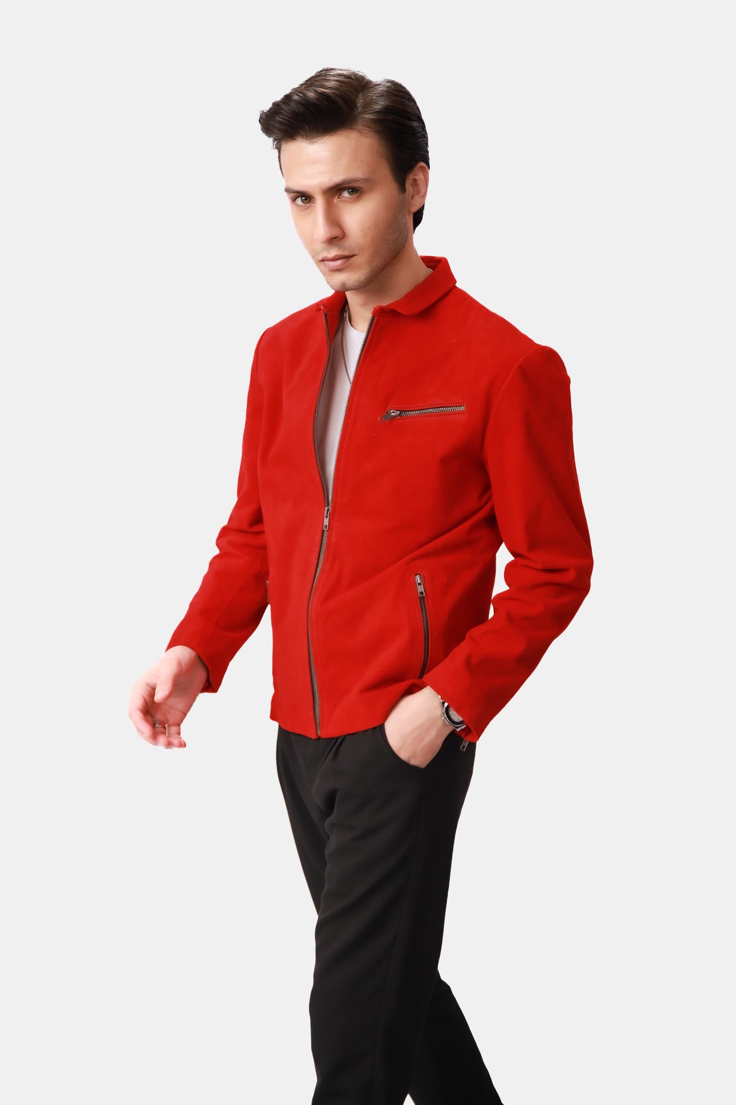 Flare Red Suede Leather Biker Style Jacket For Men