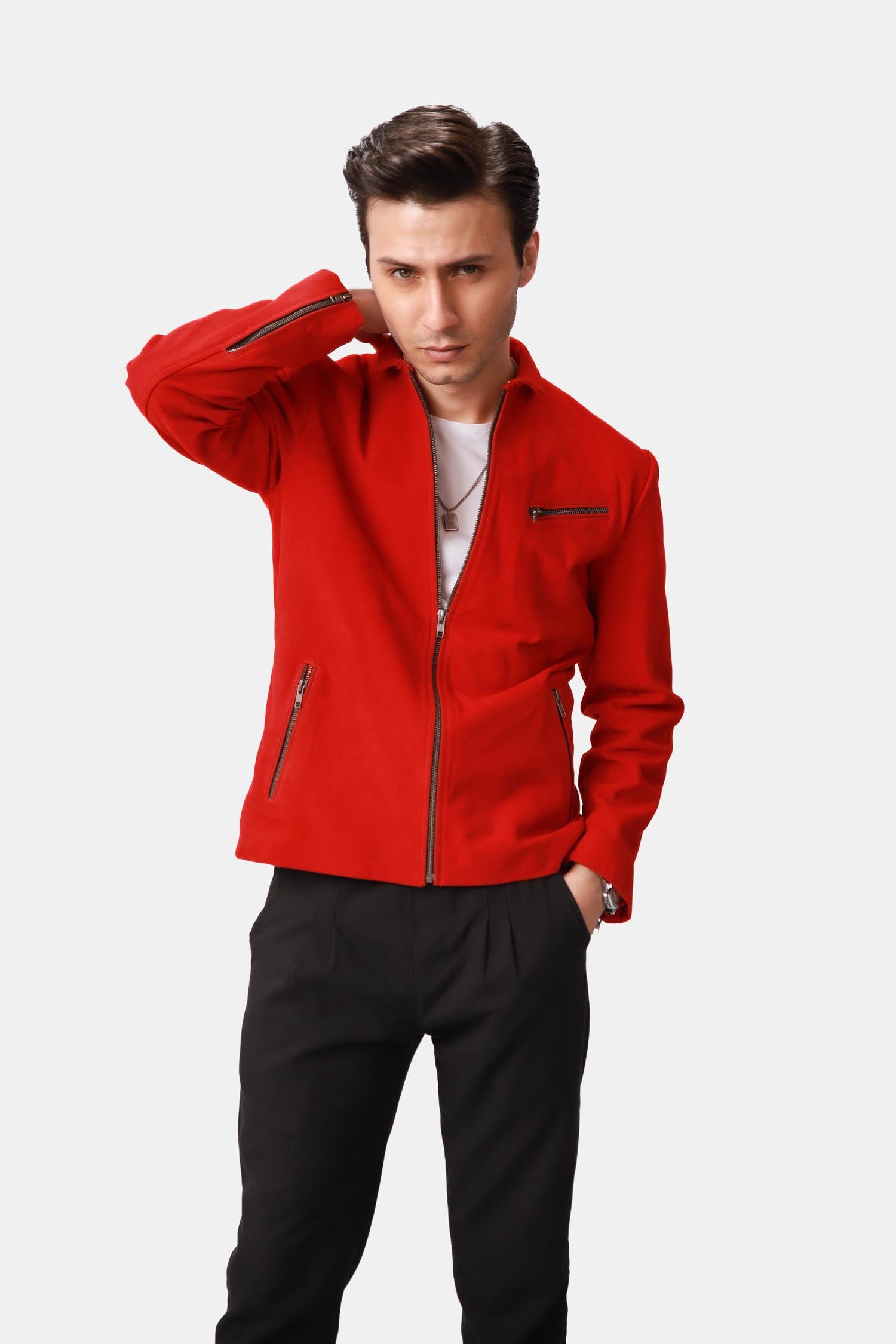 Flare Red Suede Leather Biker Style Jacket For Men
