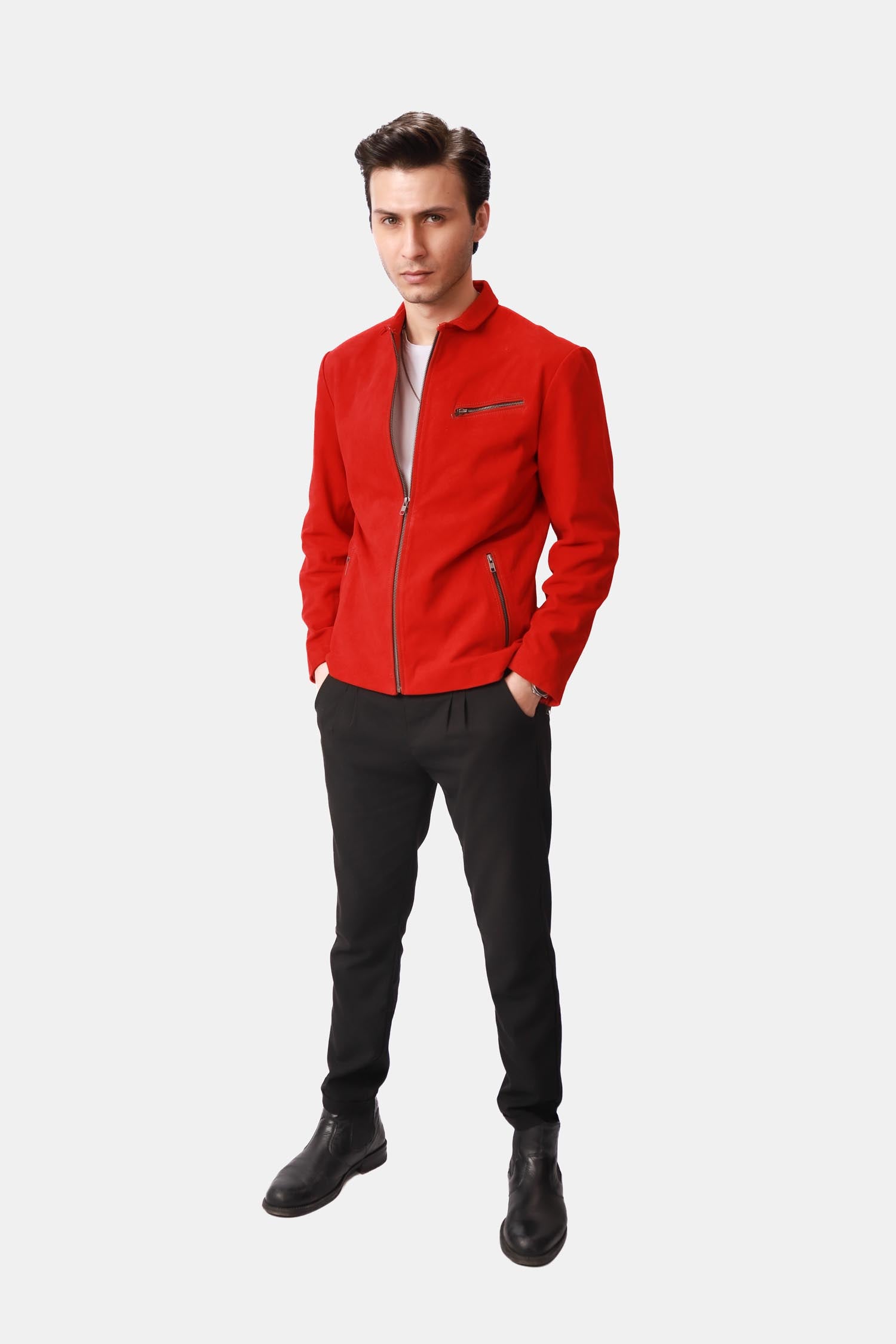 Flare Red Suede Leather Biker Style Jacket For Men