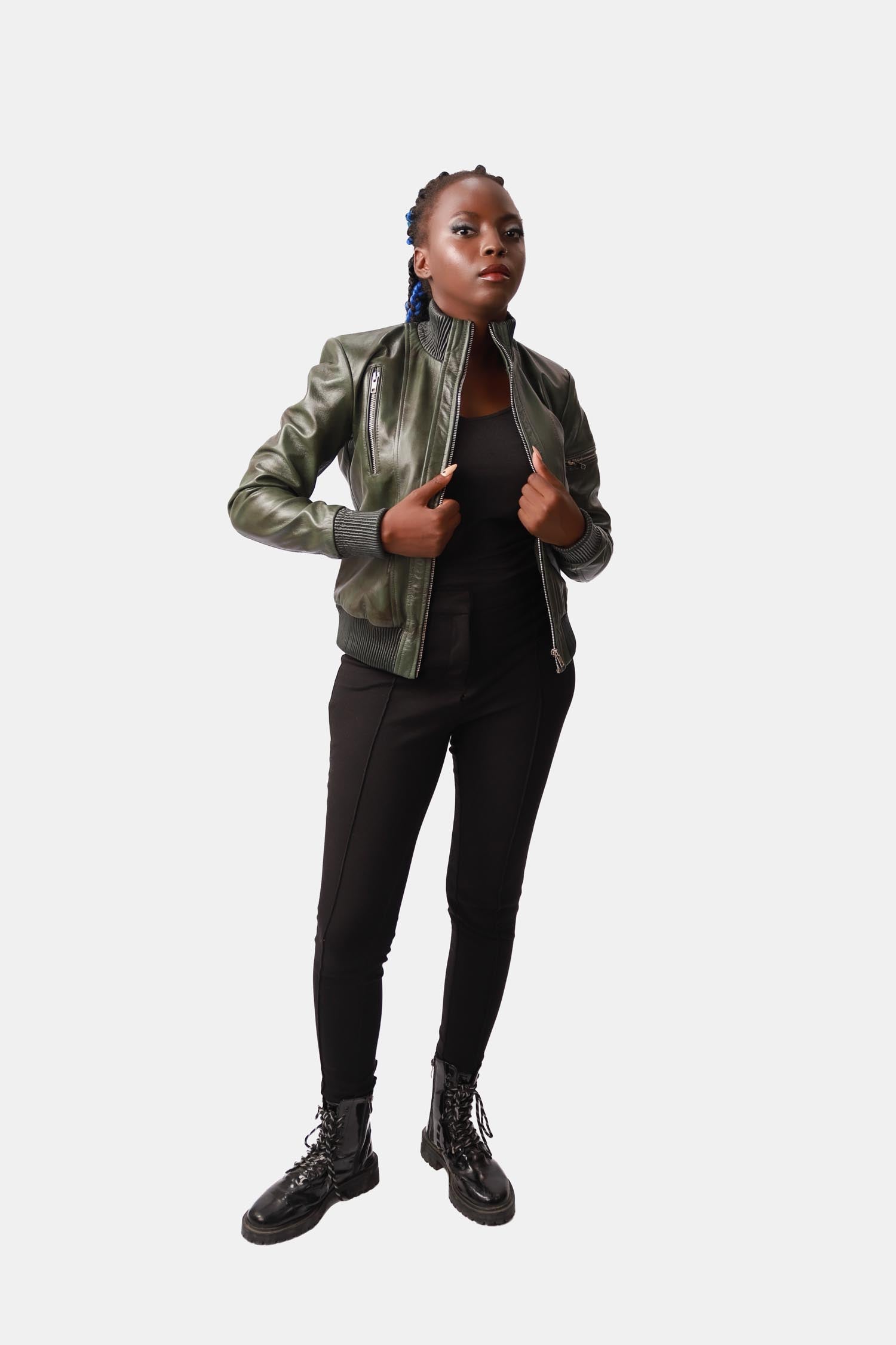 Dark Green Leather Bomber Jacket