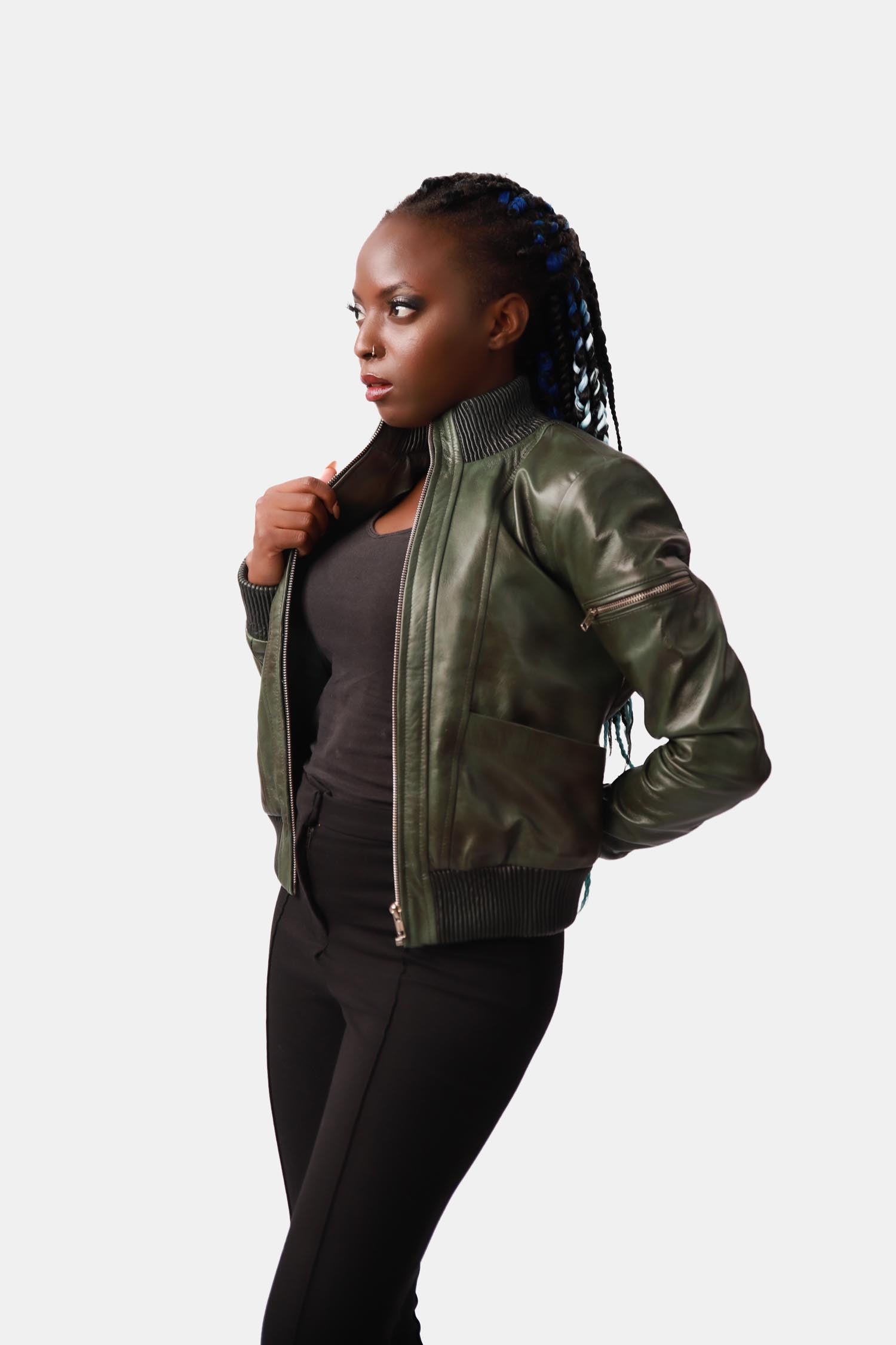 Dark Green Leather Bomber Jacket