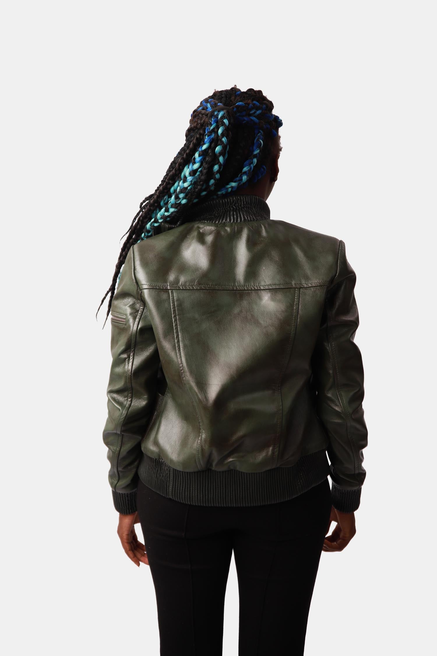 Dark Green Leather Bomber Jacket