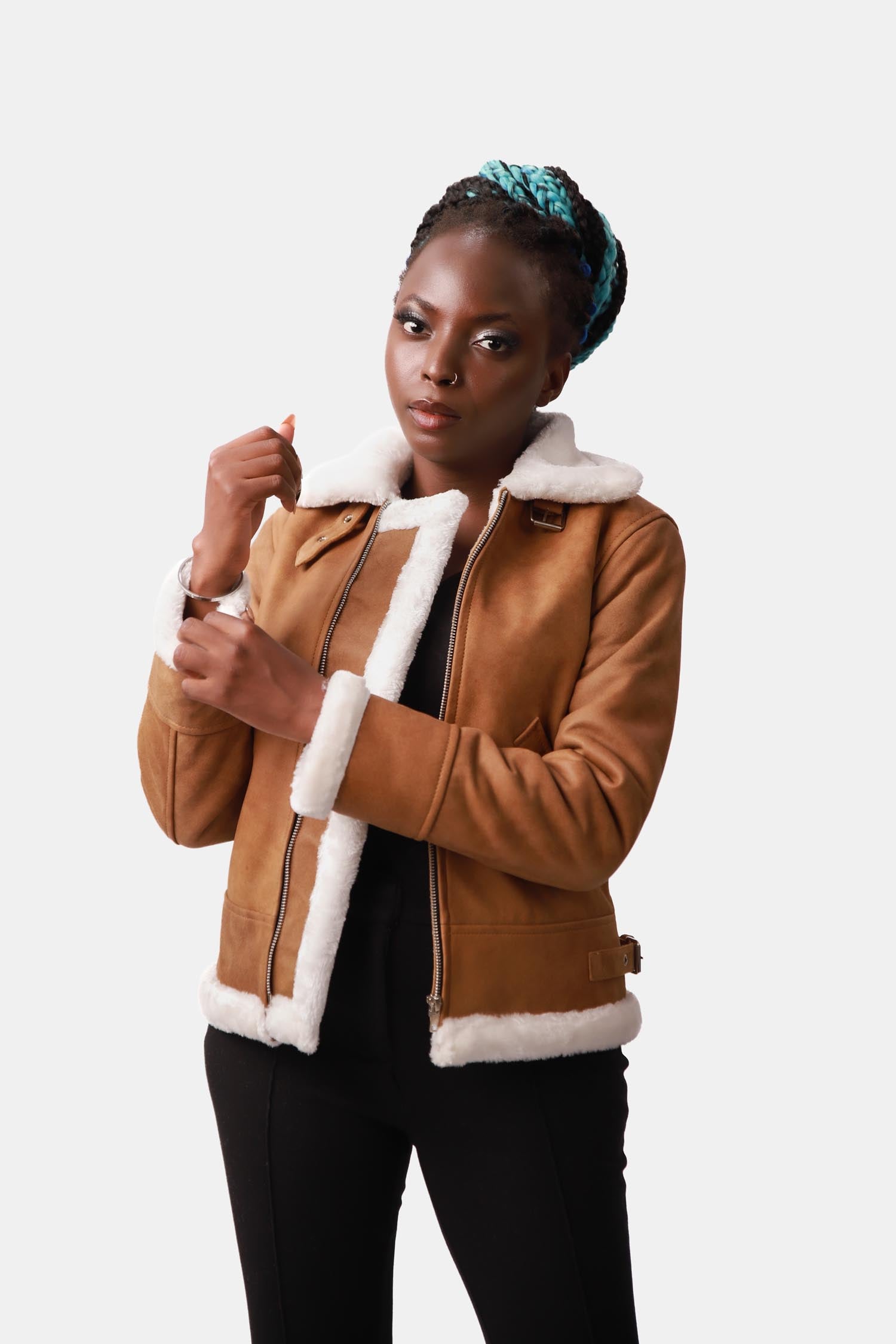 Honeydrop Brown Shearling B3 Bomber Suede Leather Jacket For Women