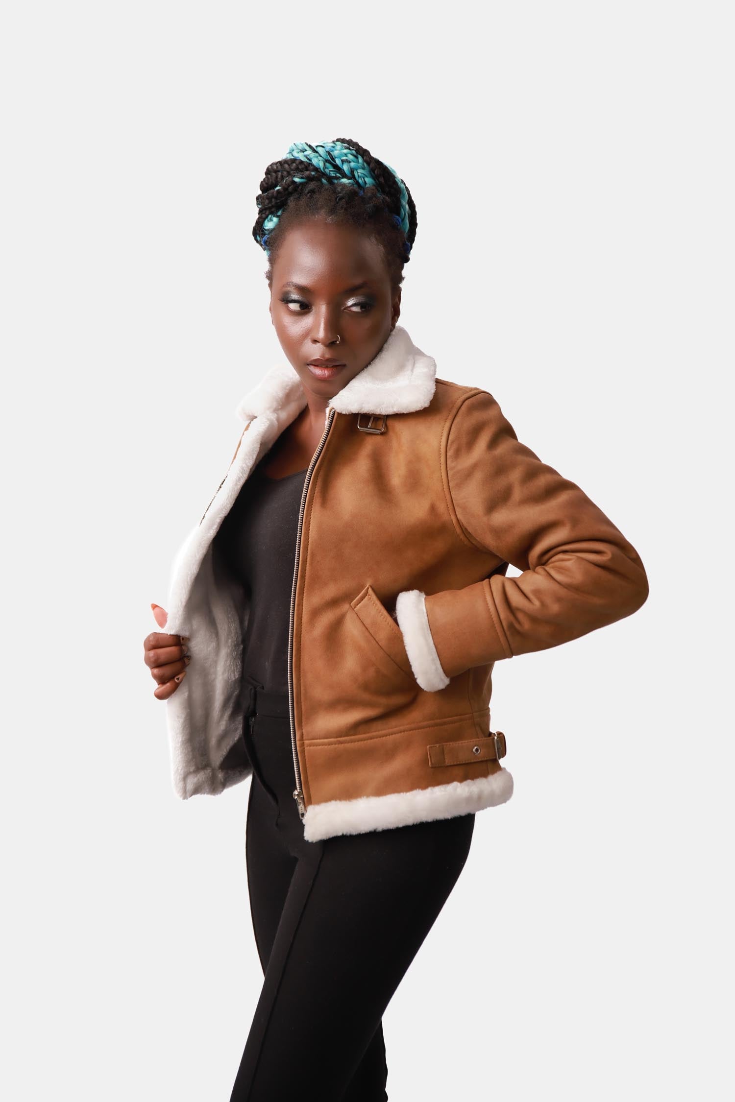 Honeydrop Brown Shearling B3 Bomber Suede Leather Jacket For Women